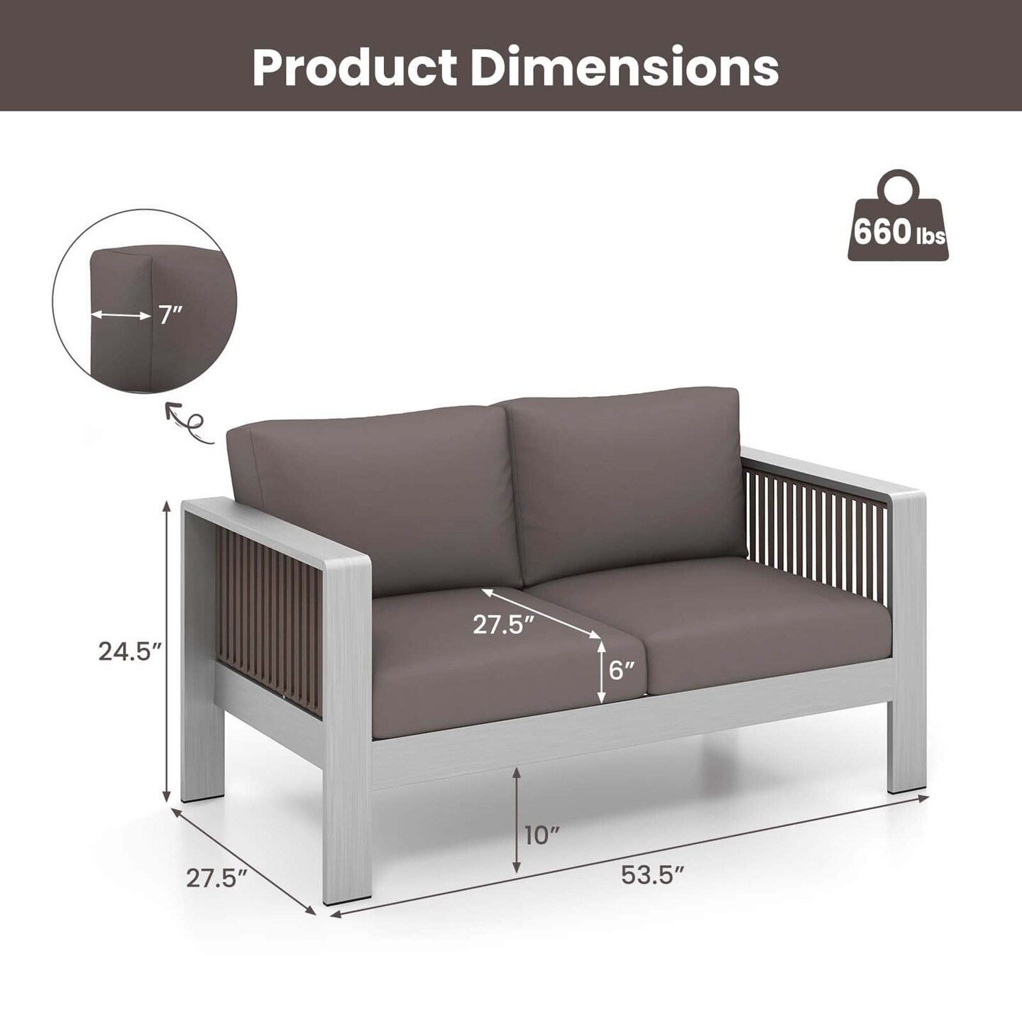 Costway Patio Aluminum Loveseat Sofa Outdoor Furniture Set with Thick Back & Seat Cushions Grey