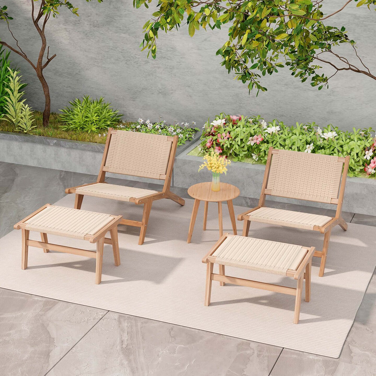 Costway 1/2 PCS Teak Wood Ottoman Footstool with Braided Rope for Living Room Bedroom Office