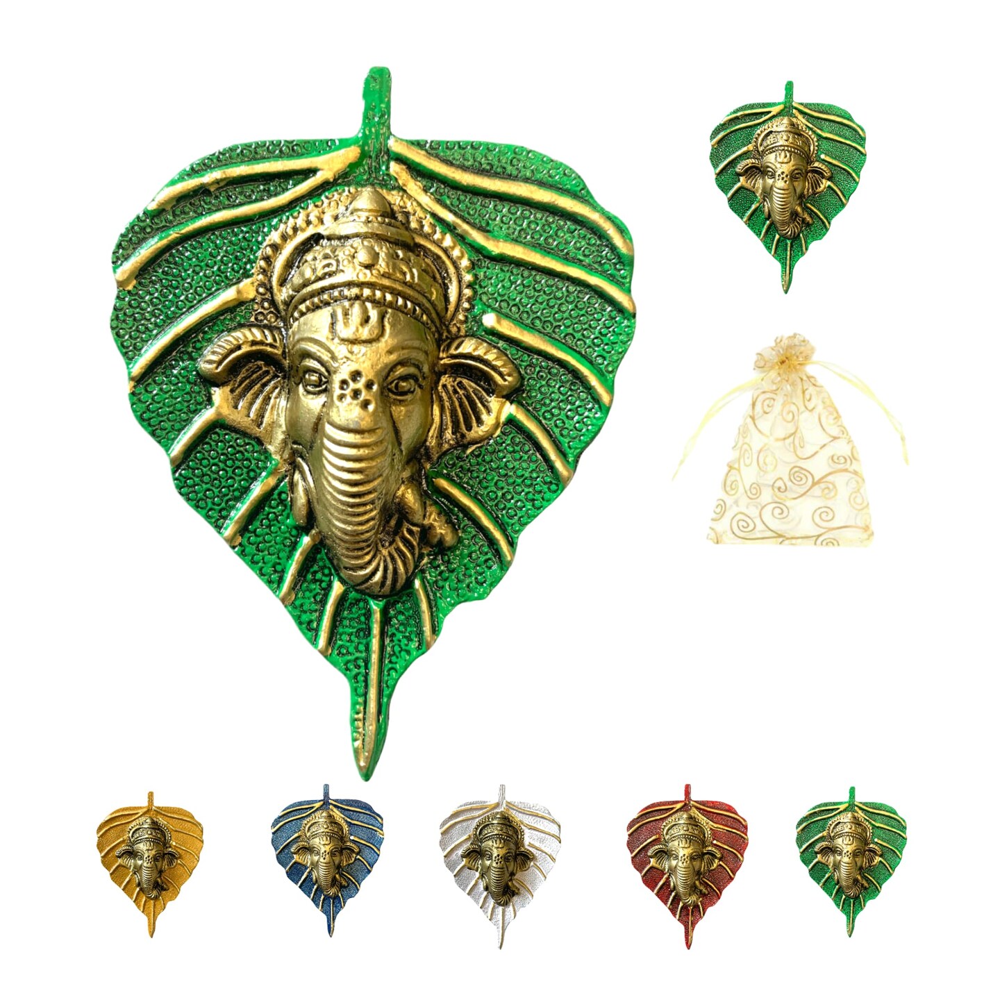 Metal Leaf Ganesha Diwali Decor Wall Hanging for Home & Office Housewarming Return Gift Pooja Favor Ganesha Decorative Wall Hanging Showpiece Pack of 1/2/5/25 Pcs