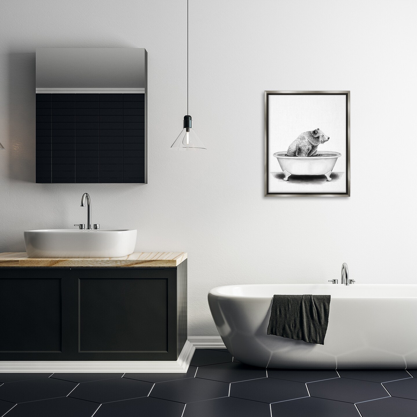 Stupell Industries Bear In Tub Rustic Bathroom Drawing Framed Floater Canvas Wall Art