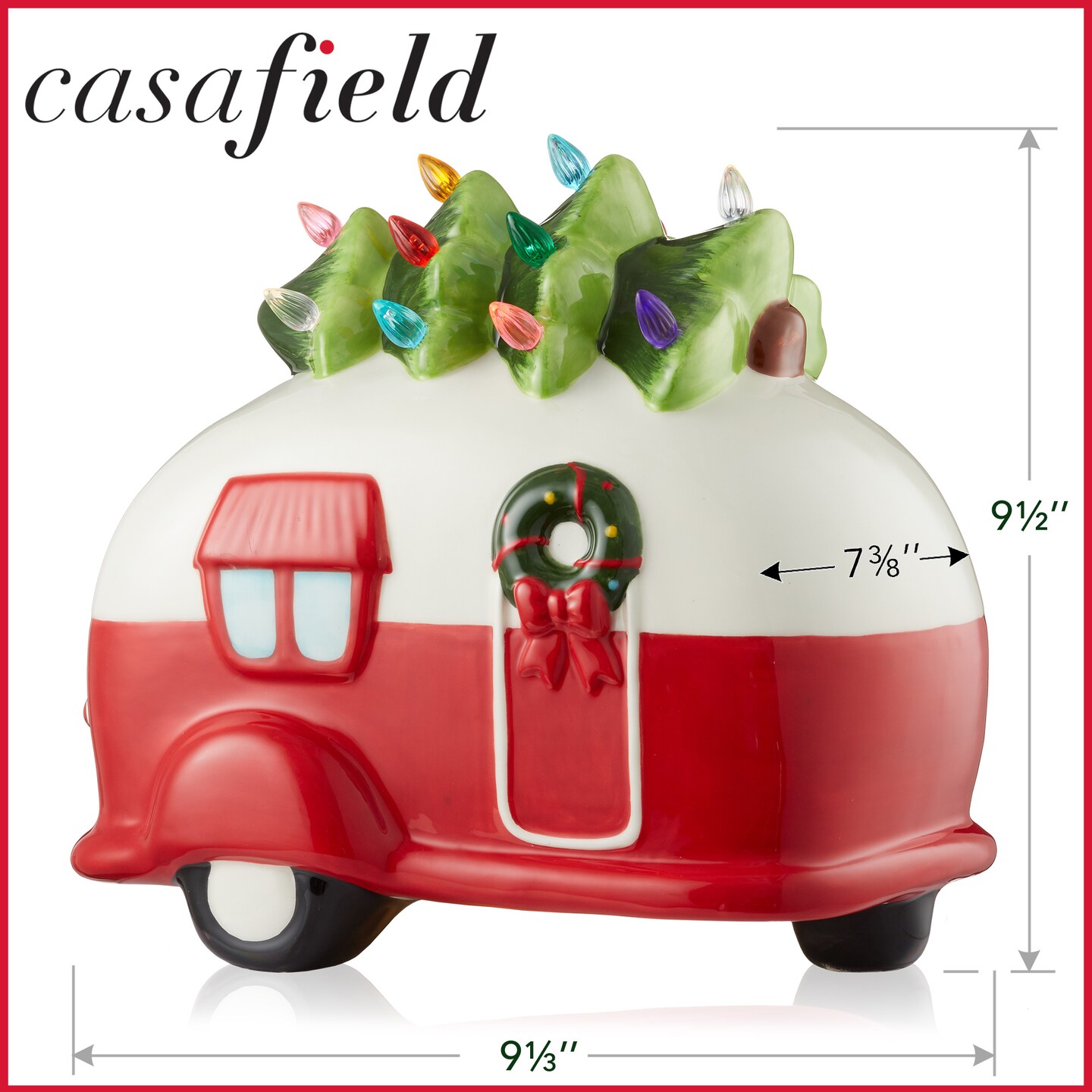 Casafield Hand Painted Ceramic Christmas Camper with Tree, Red and White Pre-Lit RV Trailer with Green Tree and 16 Multi Color Lights