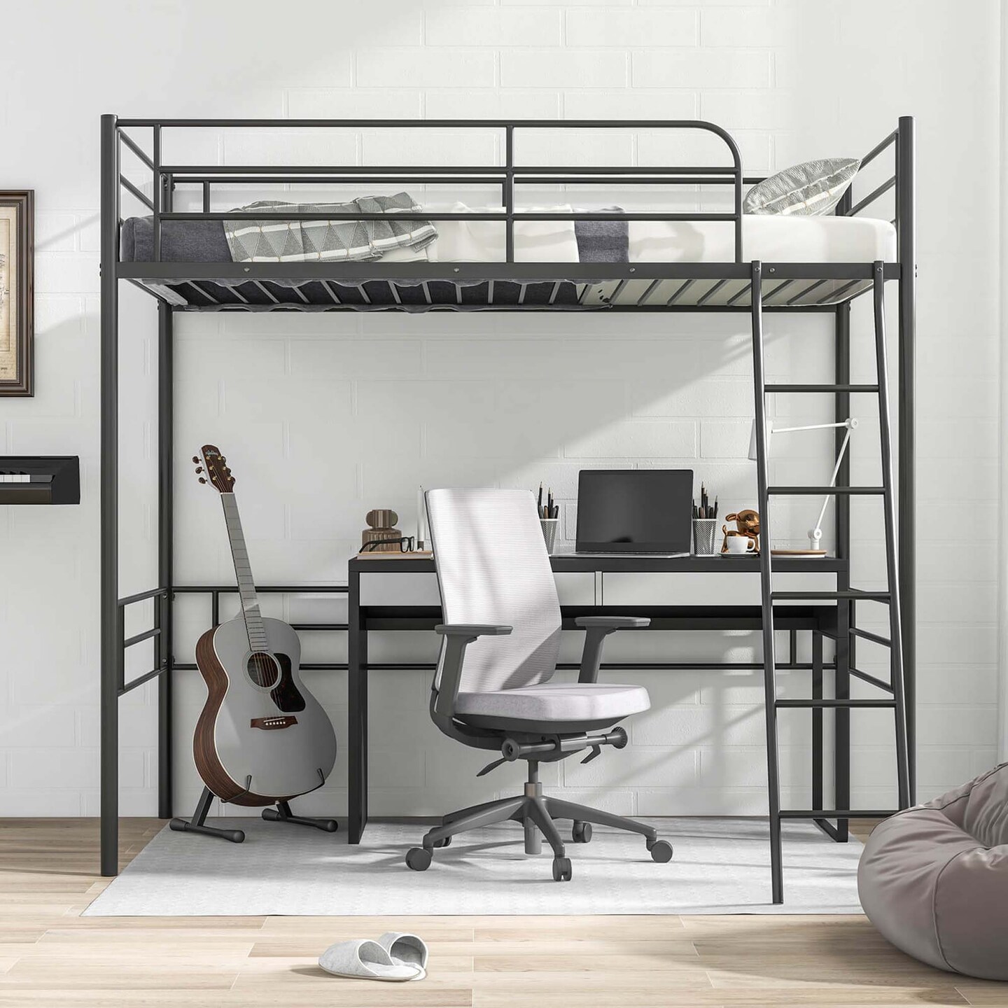 Costway Twin Metal Loft Bed Frame with Ladder Loft Bed with Safety Guardrails