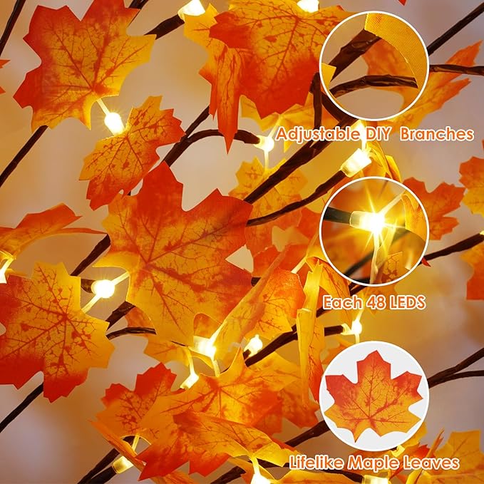 2 Pack 4FT Artificial Lighted Maple Tree, Fall Decorations for Home with Timer, 96 LED Prelit Fall Decor Maple Tree with Warm White Light for Indoor Outdoor Harvest, Halloween, Thanksgiving, Orange