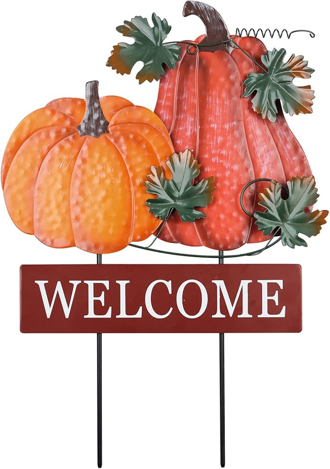 Fall Decorations for Home Outdoor, 22&#x22; Decorative Garden Stakes with 2 Pack Pumpkin Welcome Sign Fall Decor, Metal Yard Sign for Outside Garden Yard Lawn Patio Backyard Porch Decorations.