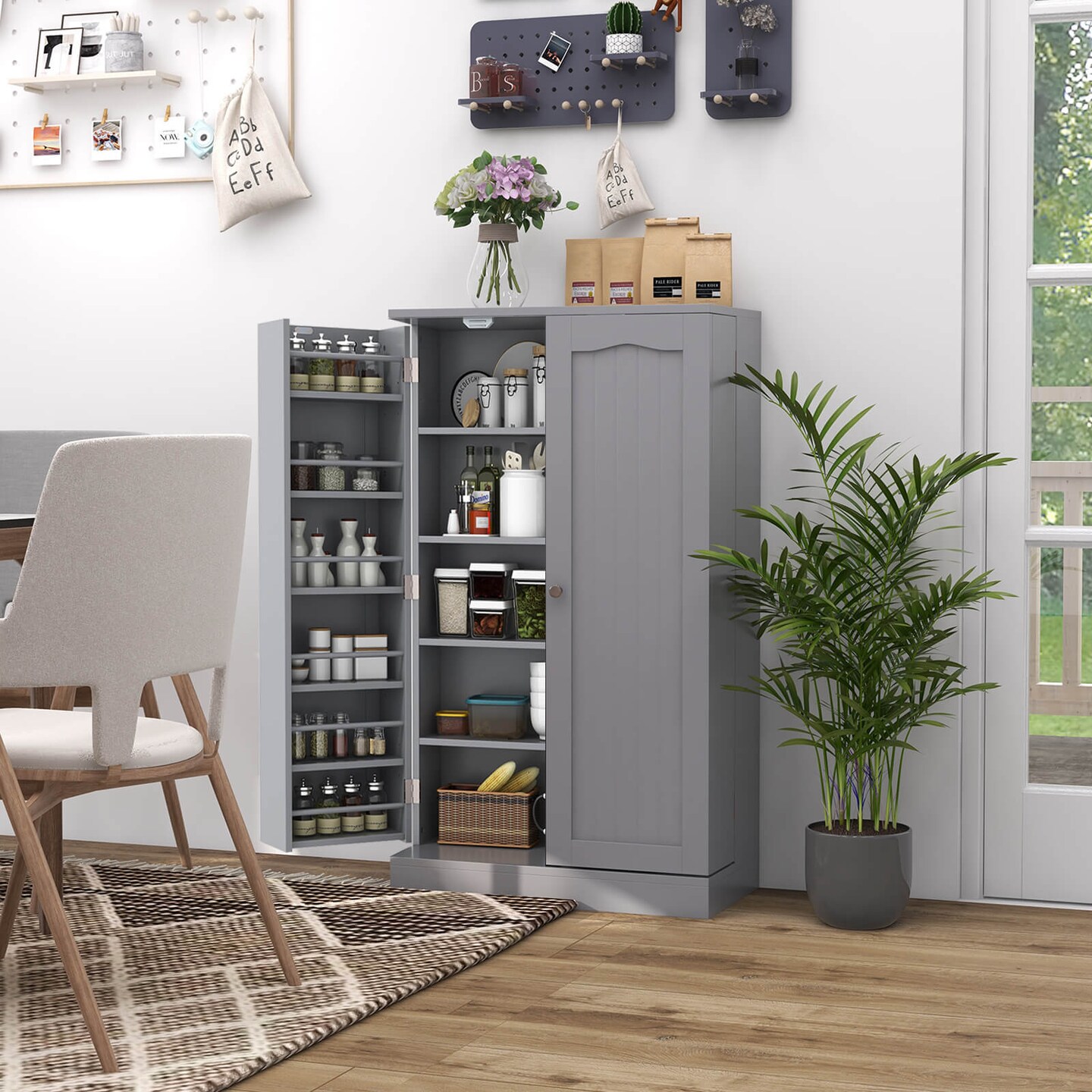 Costway 41&#x22; Farmhouse Kitchen Pantry Storage Cabinet withDoors Adjustable Shelves Grey/White