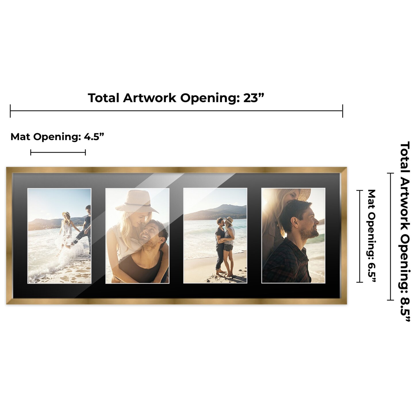 Metallic Gold Bronze Finish Collage Frame - Black Mat, 20 Frame Sizes to Choose From, UV Acrylic, Wall Hanging Hardware, Vertical or Horizontal Display