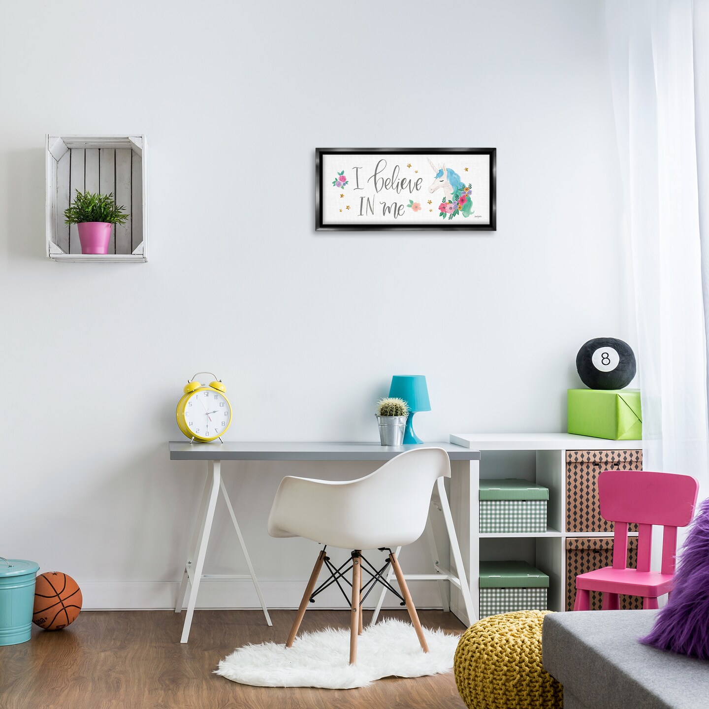 Stupell Industries Believe In Me Blue Unicorn Framed Floater Canvas Wall Art