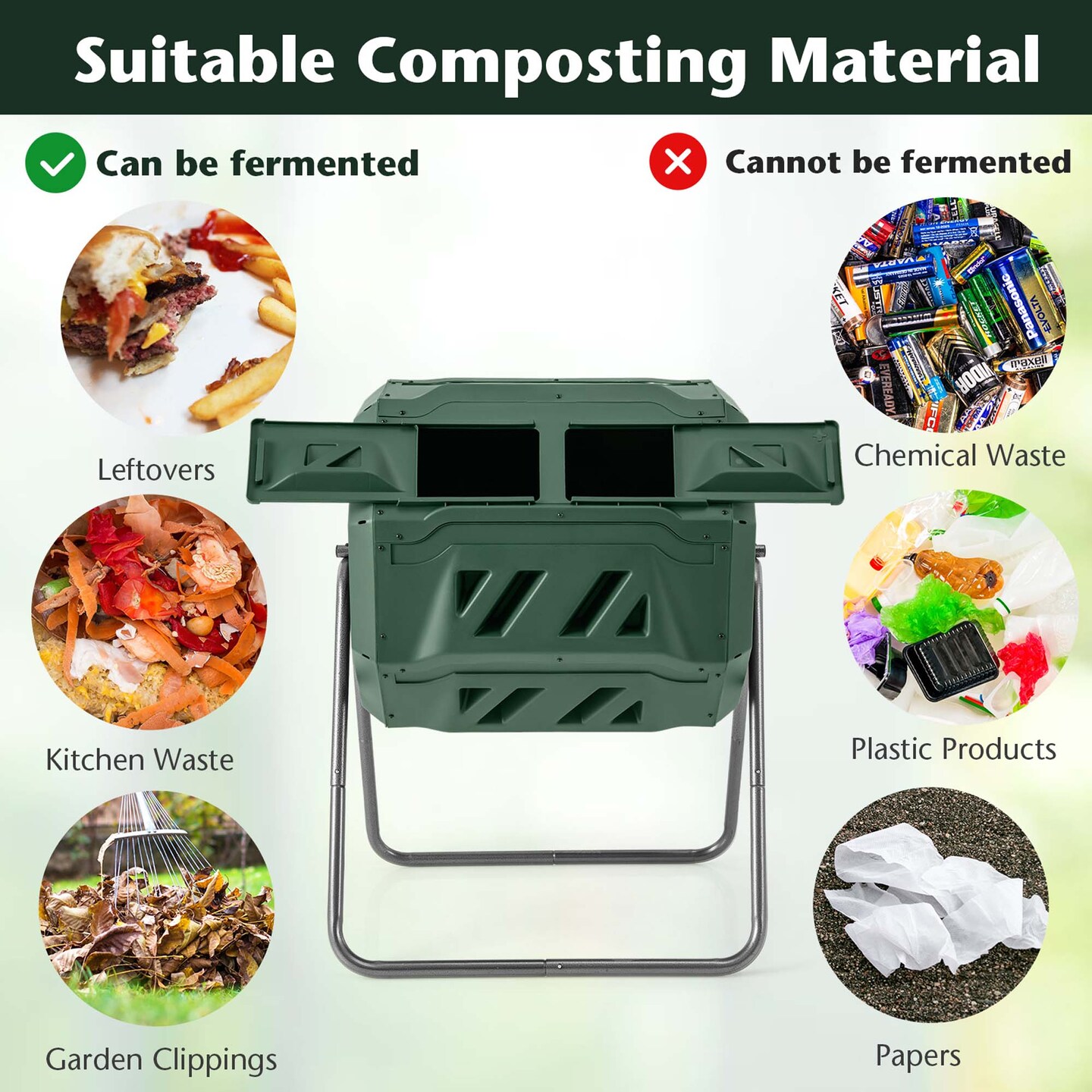 Costway 42-Gal Compost Bin Dual Chamber Composting Tumbler with 2 Sliding Doors Metal Frame Black/Green