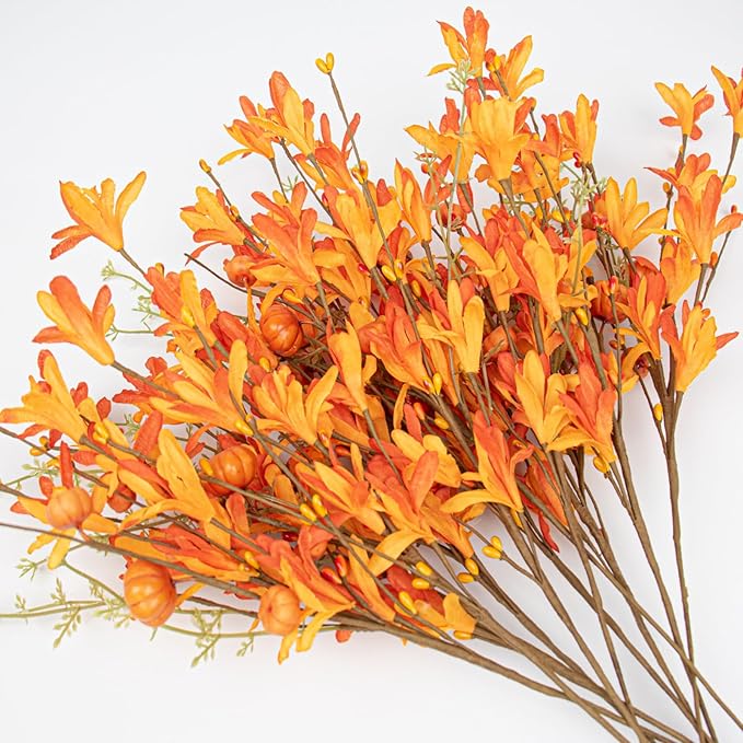 Artificial Fall Flowers 12 Pack: Fall Floral Picks with Pumpkins and Berries 17-inch Orange Forsythia Stems for Autumn Flower Arrangements Home Thanksgiving Decorations