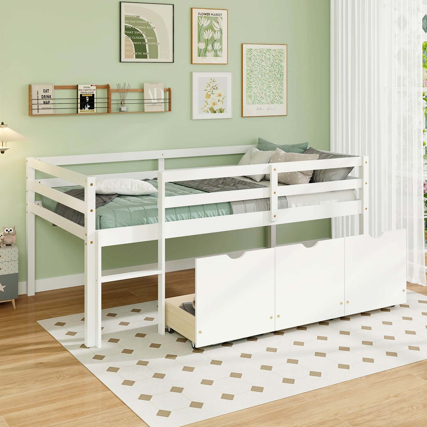 Costway Twin Size Low Loft Bed with 3 Drawers Ladder & Full-length Guardrails Storage White/Grey