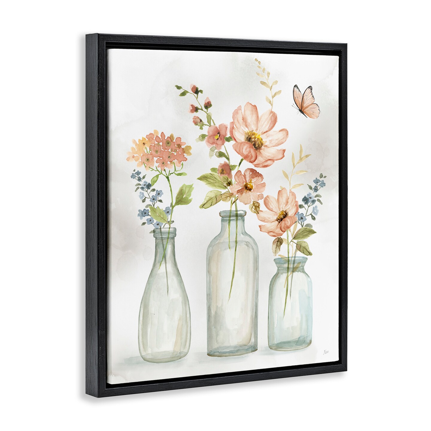 Stupell Industries Butterfly & Pink Florals Framed Floater Canvas Wall Art