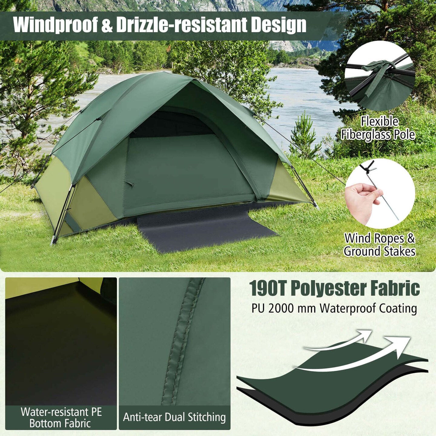 Costway 2-person Camping Tent Lightweight Outdoor Tent with Removable Rain Fly Carrying Bag