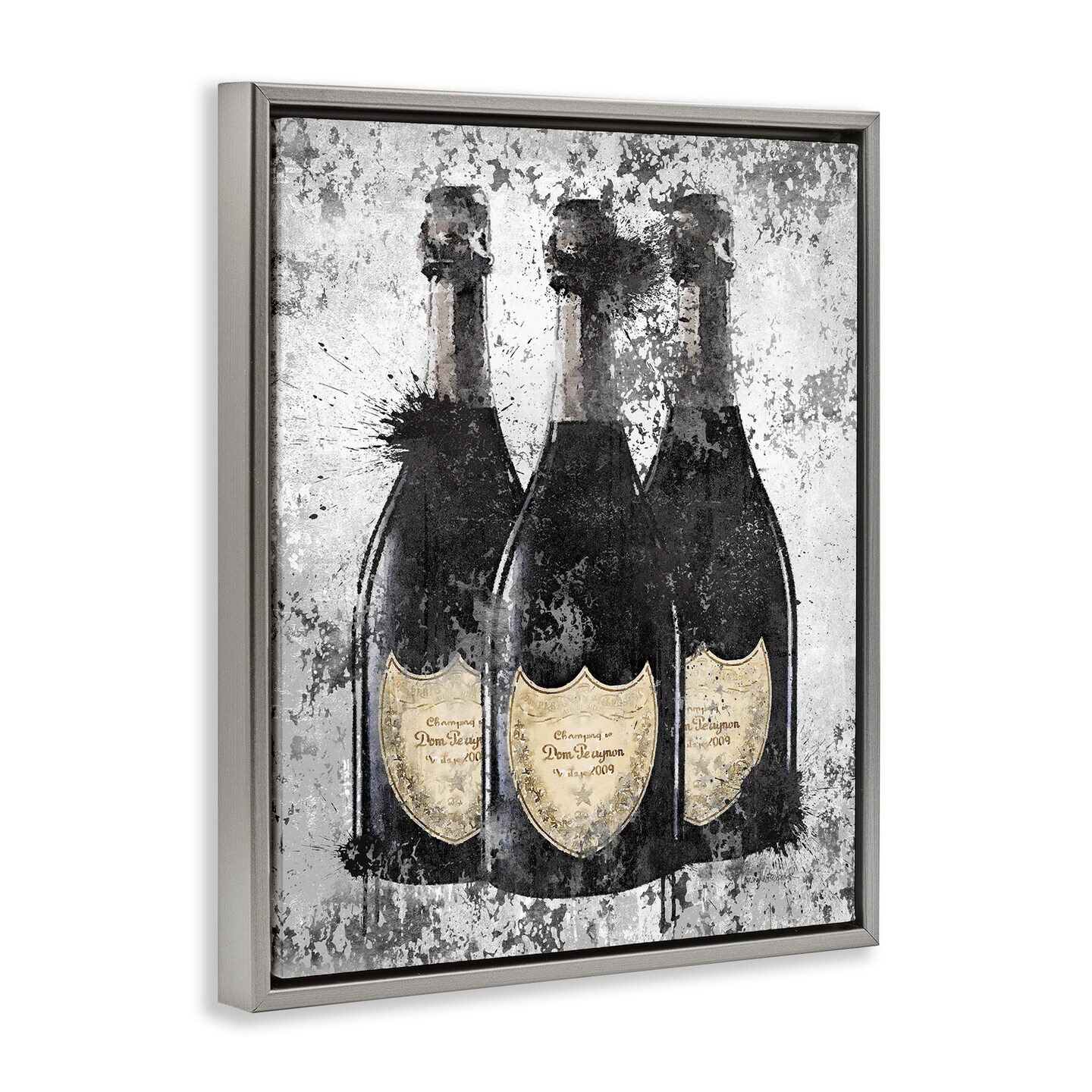 Stupell Industries Champagne Bottles Grey & Gold Framed Floater Canvas Wall Art