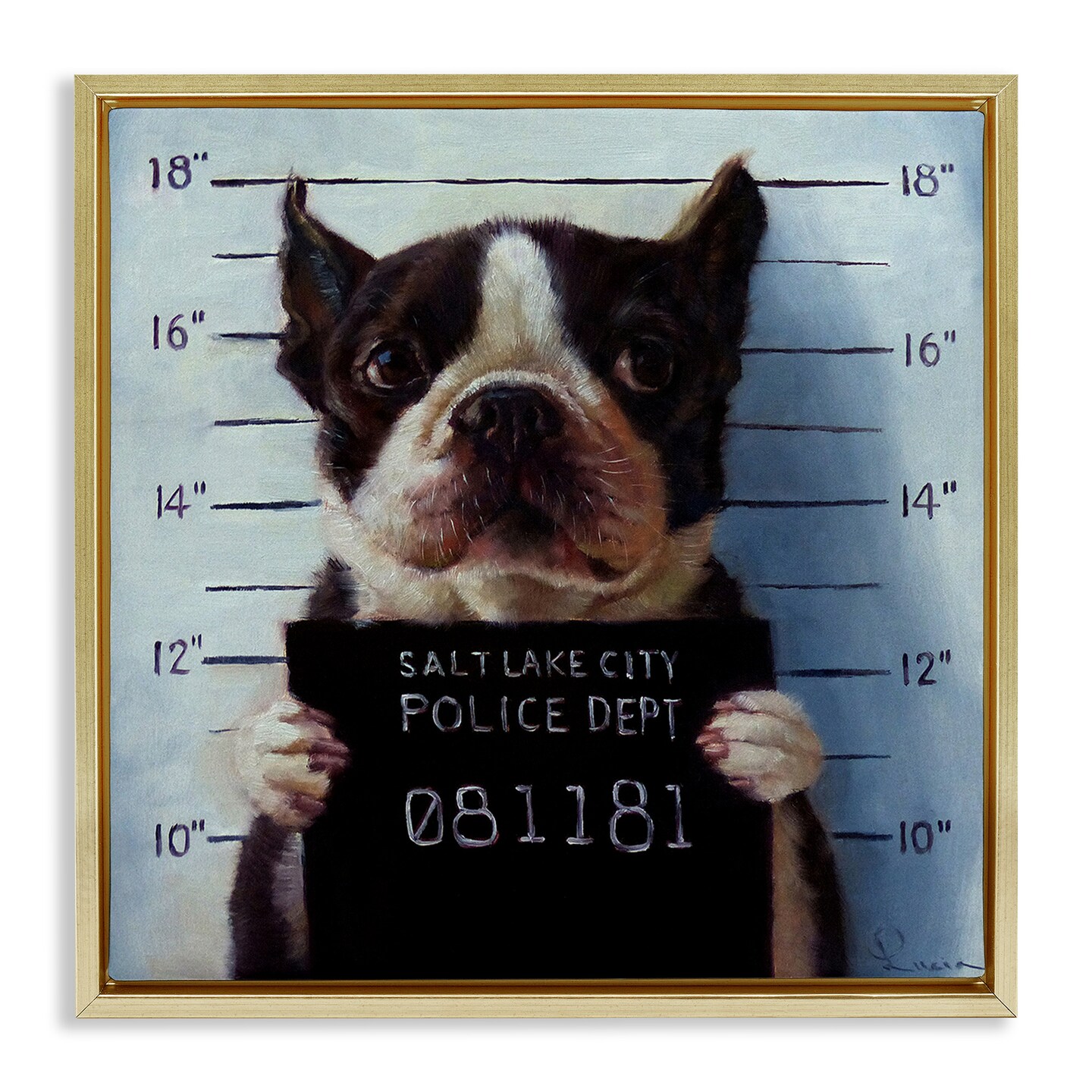 Stupell Industries Boston Terrier Jail Convicted Mugshot Framed Floater Canvas Wall Art