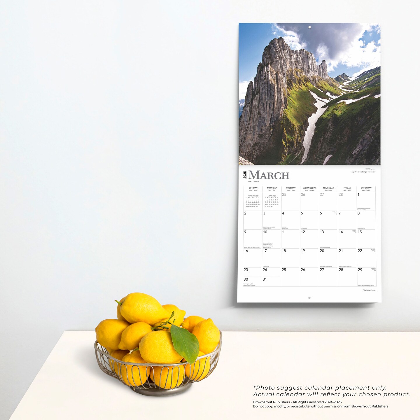 Switzerland | 2025 12 x 24 Inch Monthly Square Wall Calendar | Plastic-Free | BrownTrout | Travel Europe Swiss Alps