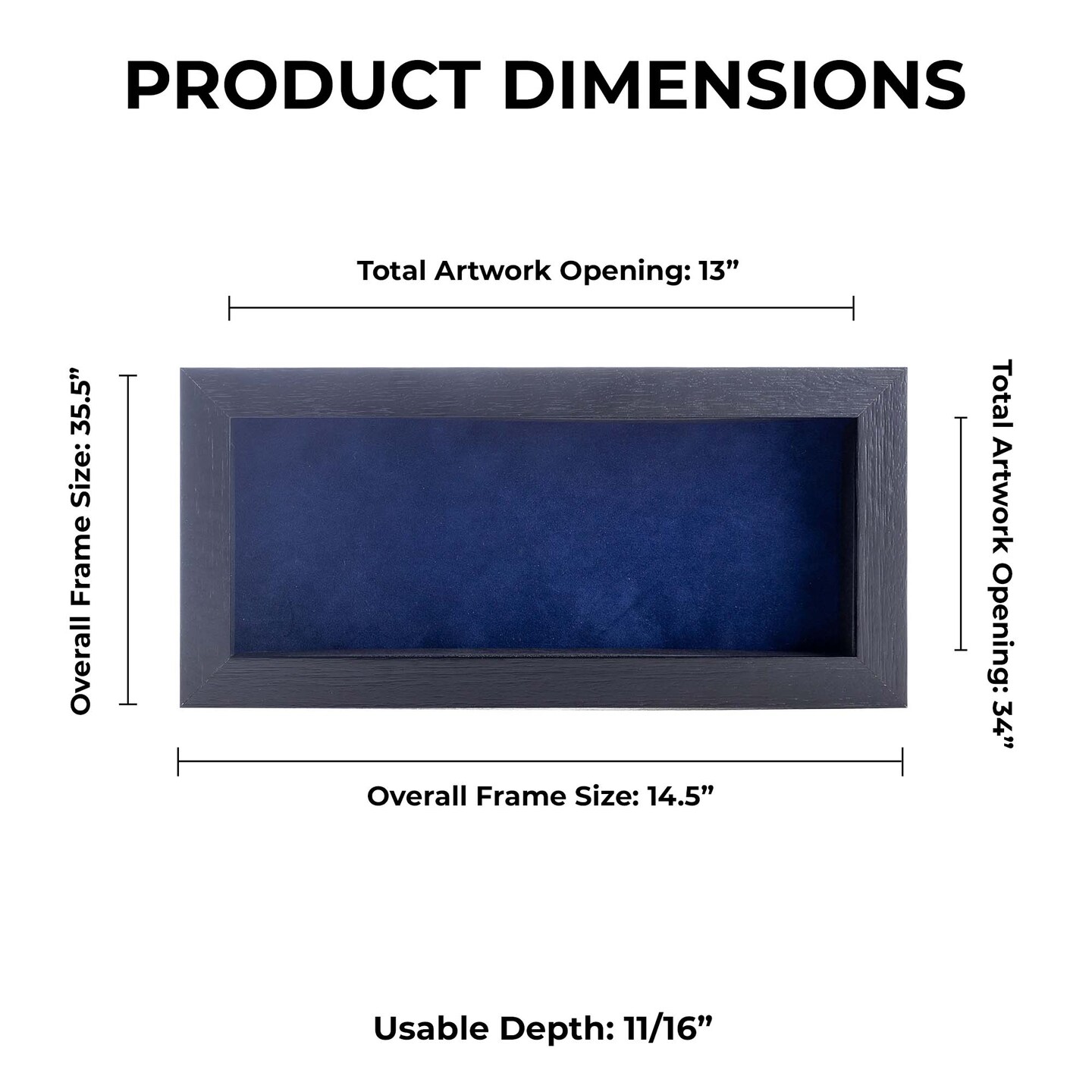 Black Wood Grain Shadow Box Frame with Acrylic Front - Navy Blue Suede Backing, 30 Sizes