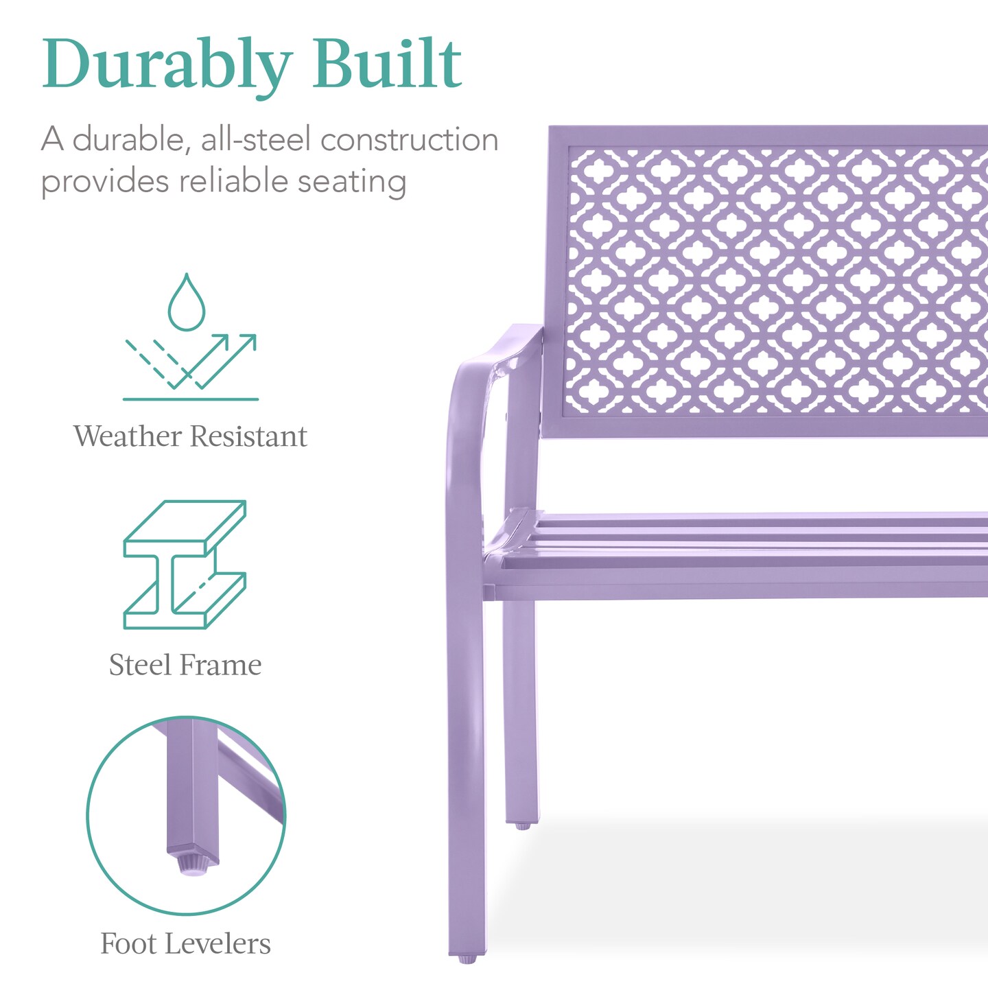 Best Choice Products Indoor Outdoor Steel Garden Bench w/ Geometric Backrest, Foot Levelers
