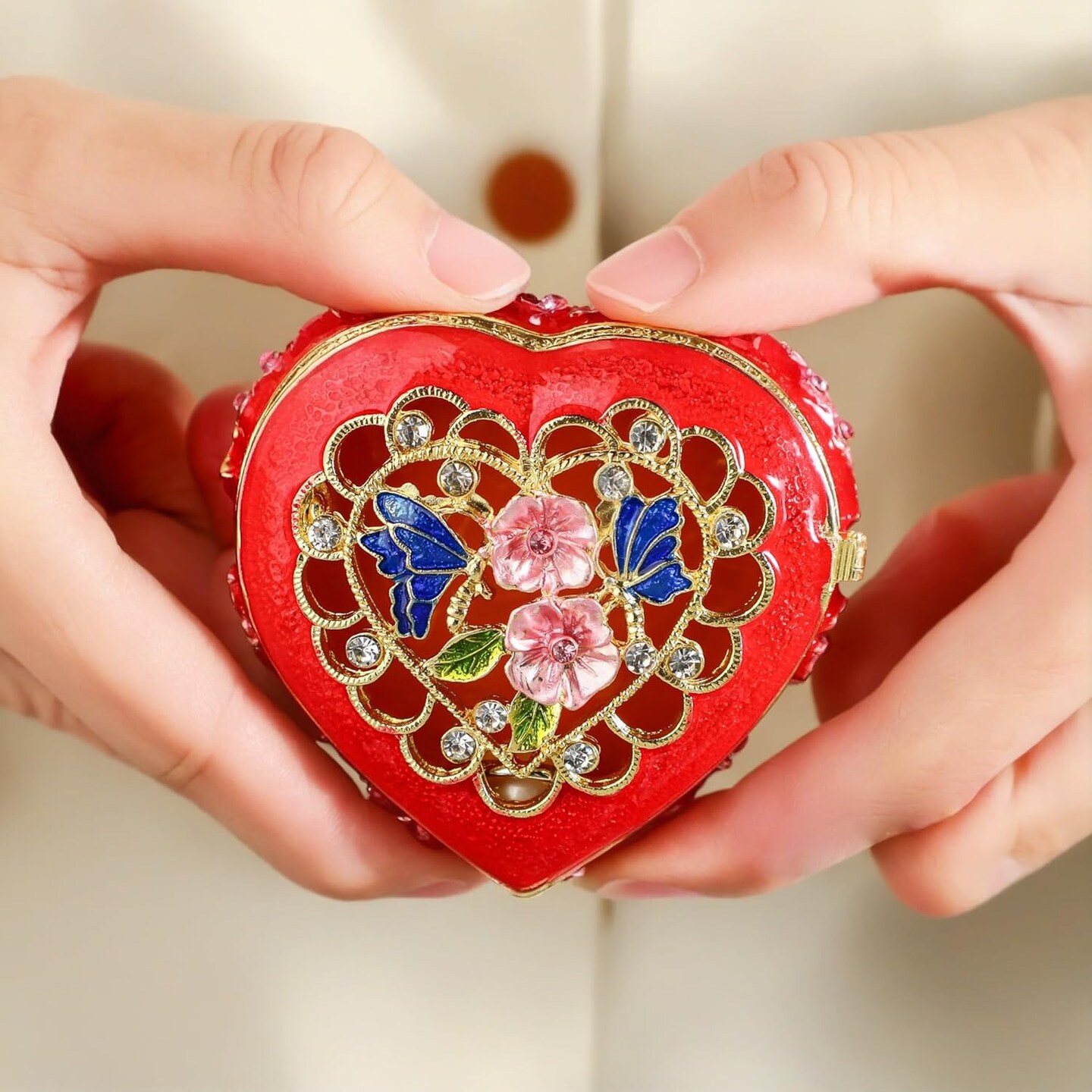 Vintage Heart Trinket Box Small Hinged Trinket Boxes Red Jewelry Trinket Box Jeweled Ring Box Gift for Girl Women