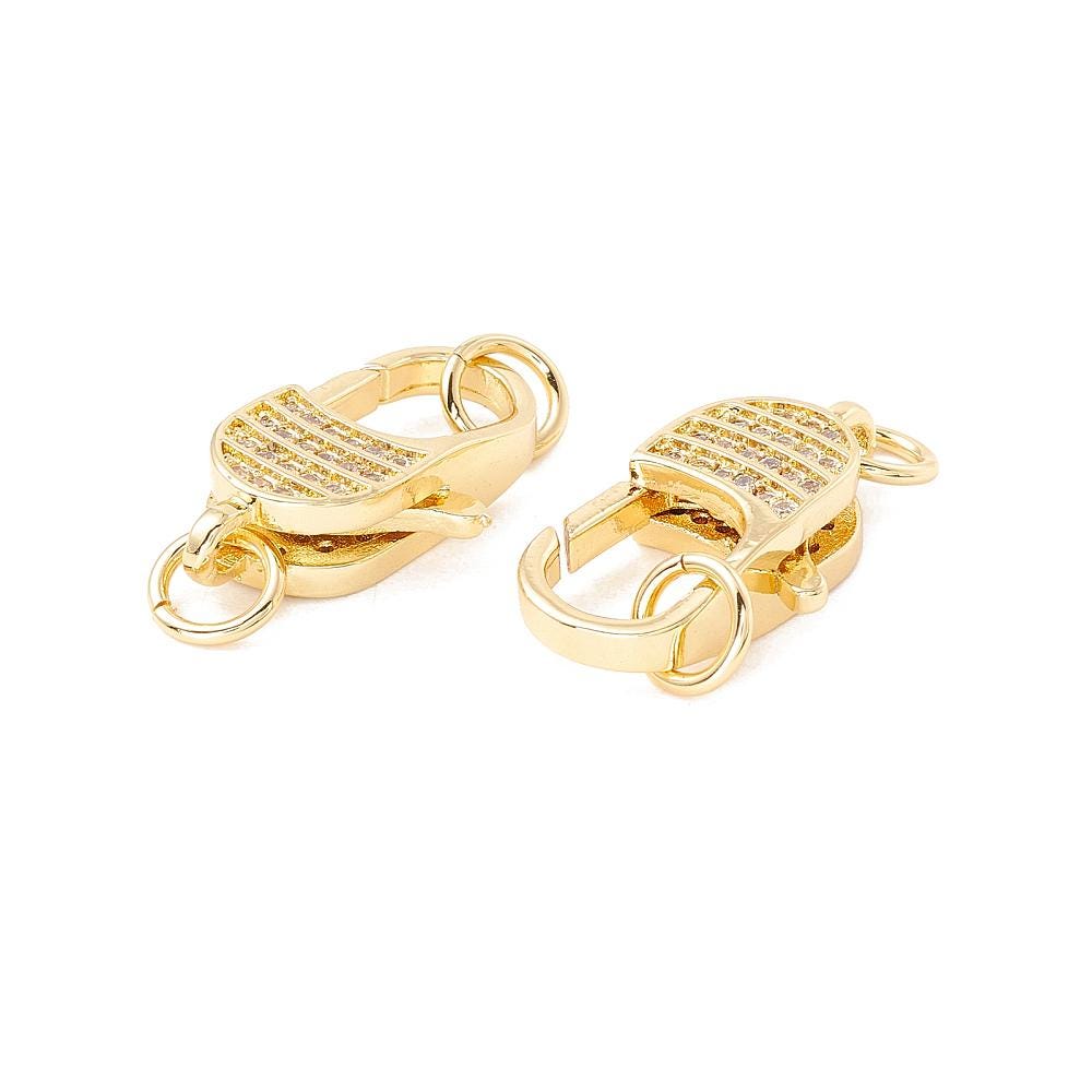 21x12mm 18k Gold Plated Micro Pave Cubic Zirconia Lobster Clasp (w/ Jump Rings)