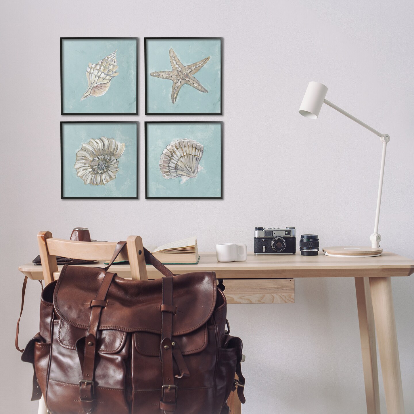 Stupell Industries Beige & Blue Sea Life 4 pc Framed Giclee Wall Art Set Design by Julie Derice