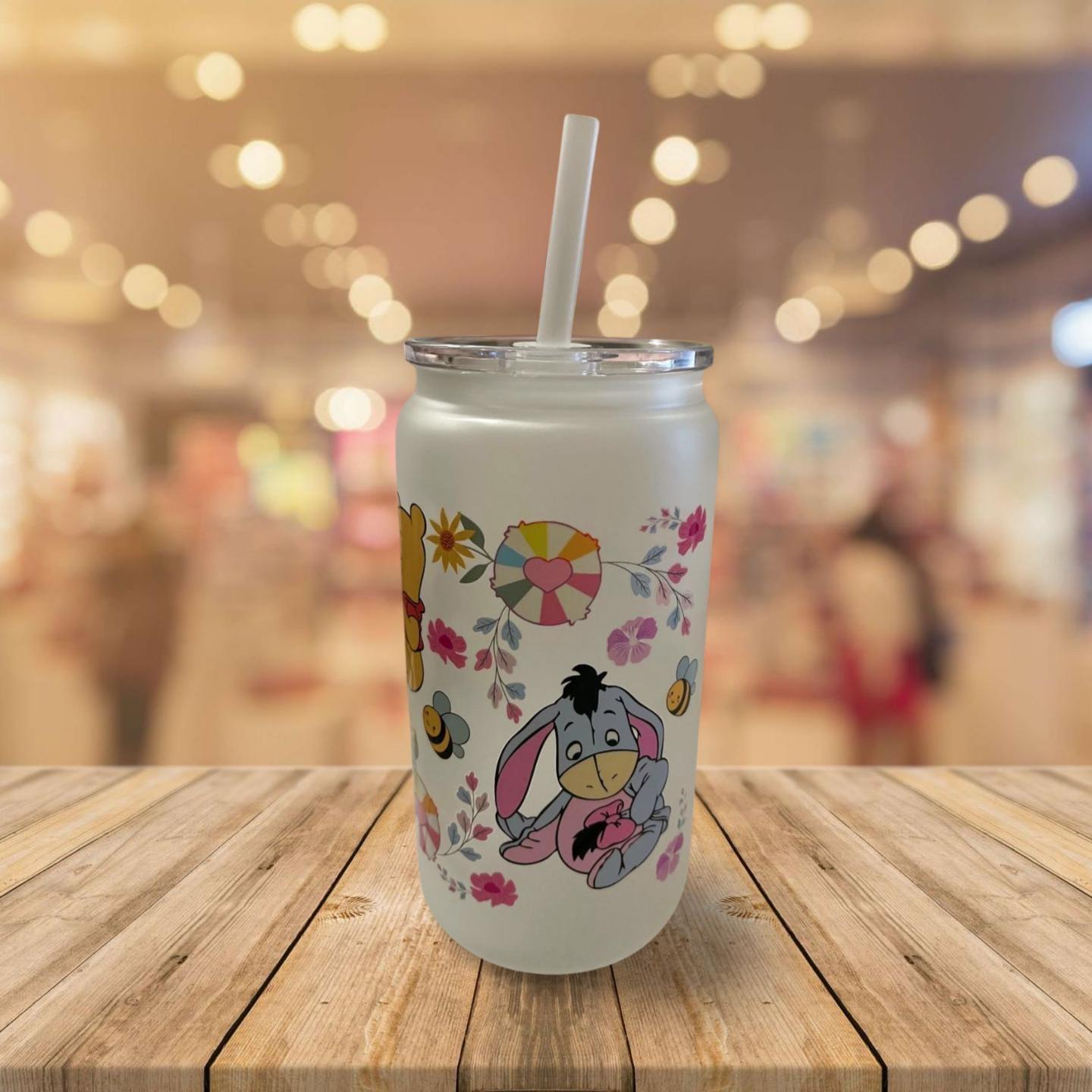 Sophisticated Sips: 16 oz Frosted Glass Can with Lid and Straw- Winnie the pooh product 3