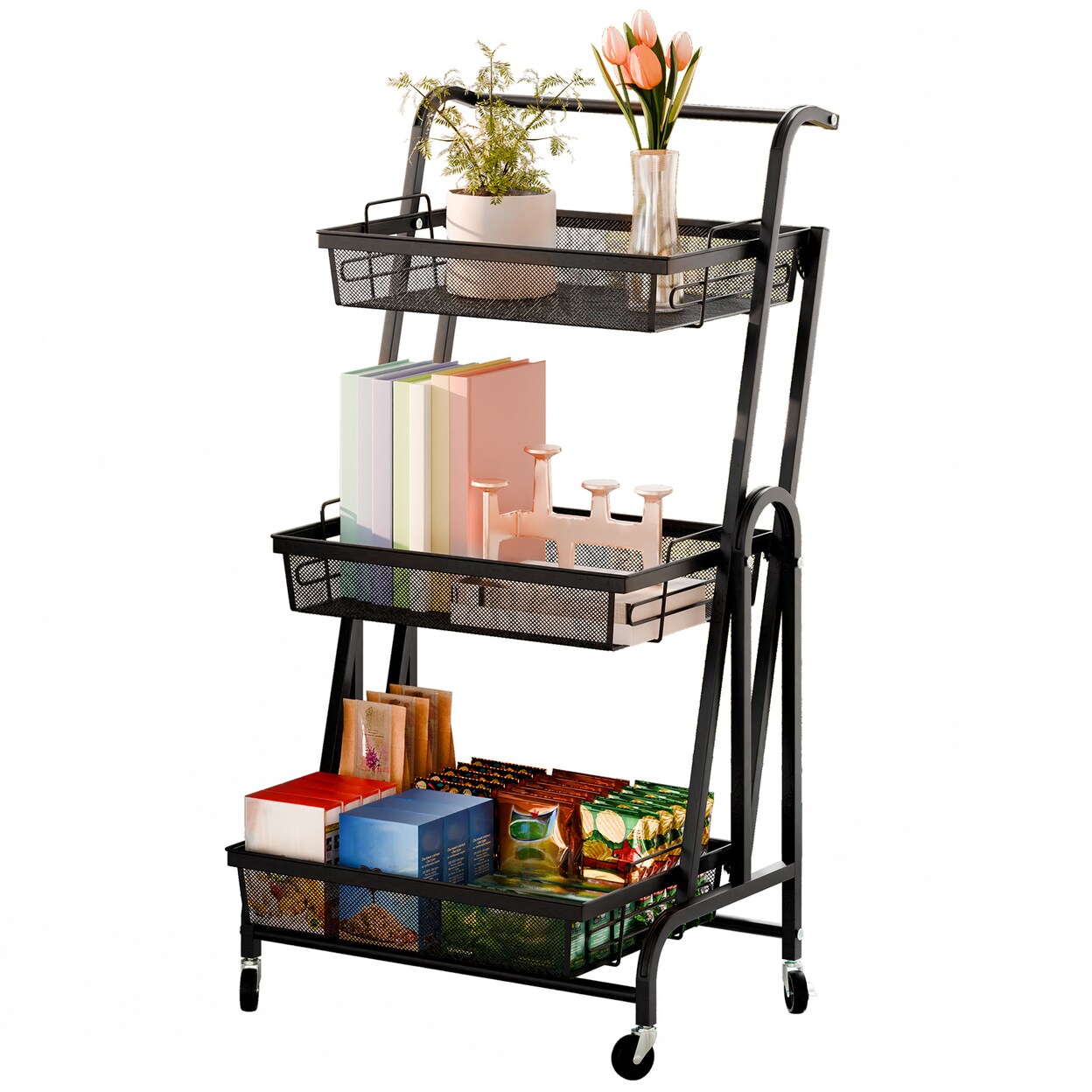 94Cm Storage Rack 3-Tier Foldable Storage Shelves With Casters Detachable Basket Kitchen Storage Basket Cart 90-180