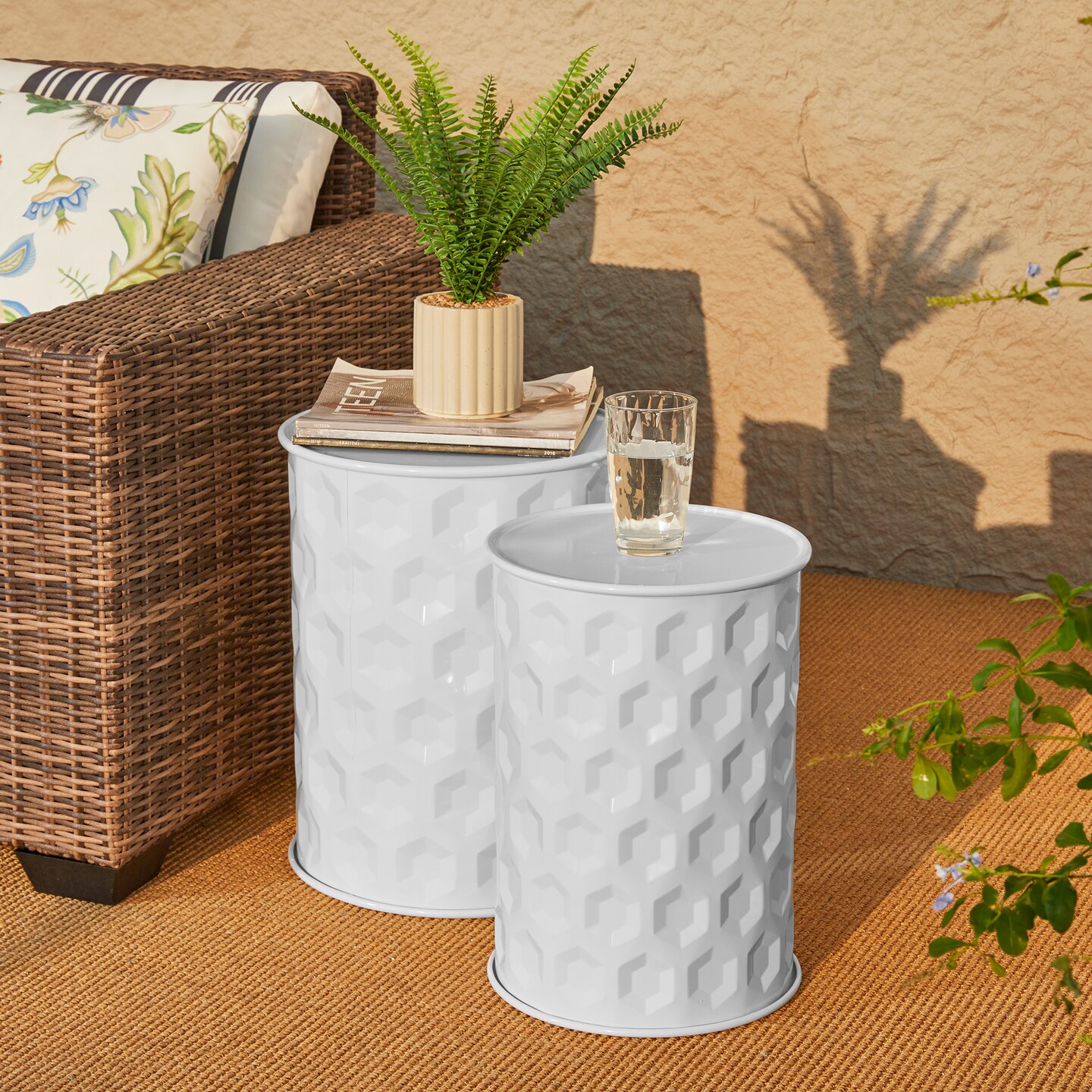 Set of 2 Embossed Honeycomb Texture Cylindrical Metal Garden Stool