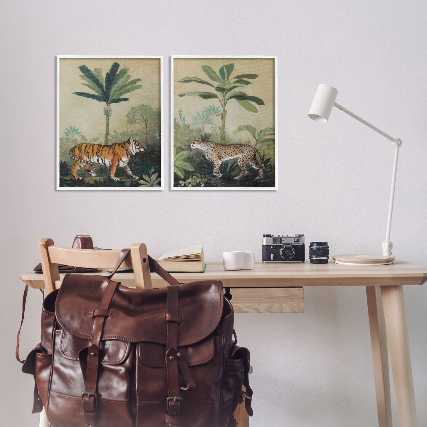 Stupell Industries Tiger Cheetah Jungle Forest 2 pc Framed Giclee Wall Art Set Design by Julia Purinton