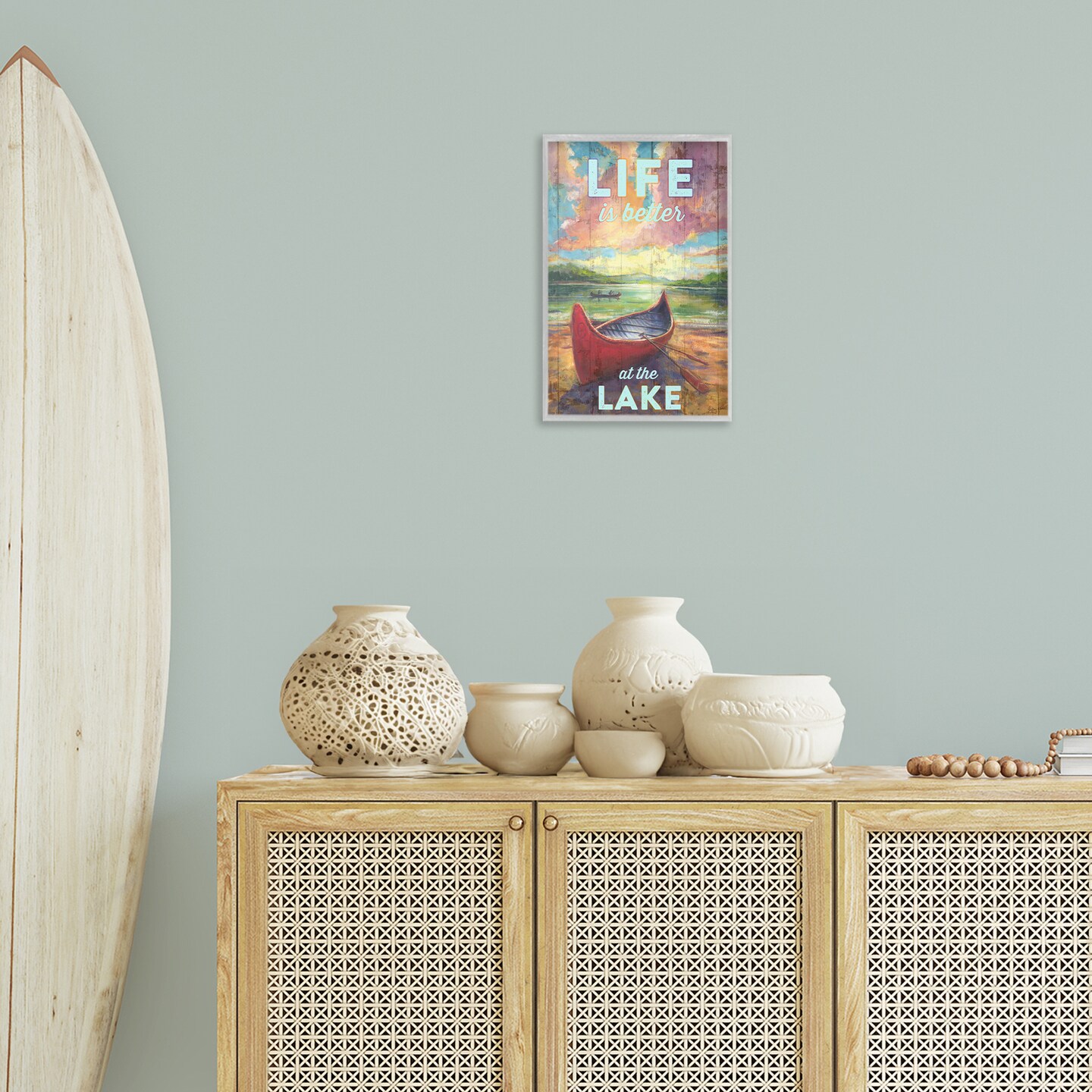 Stupell Industries Life At Lake with Canoe Framed Giclee Wall Art Design by Geoff Allen