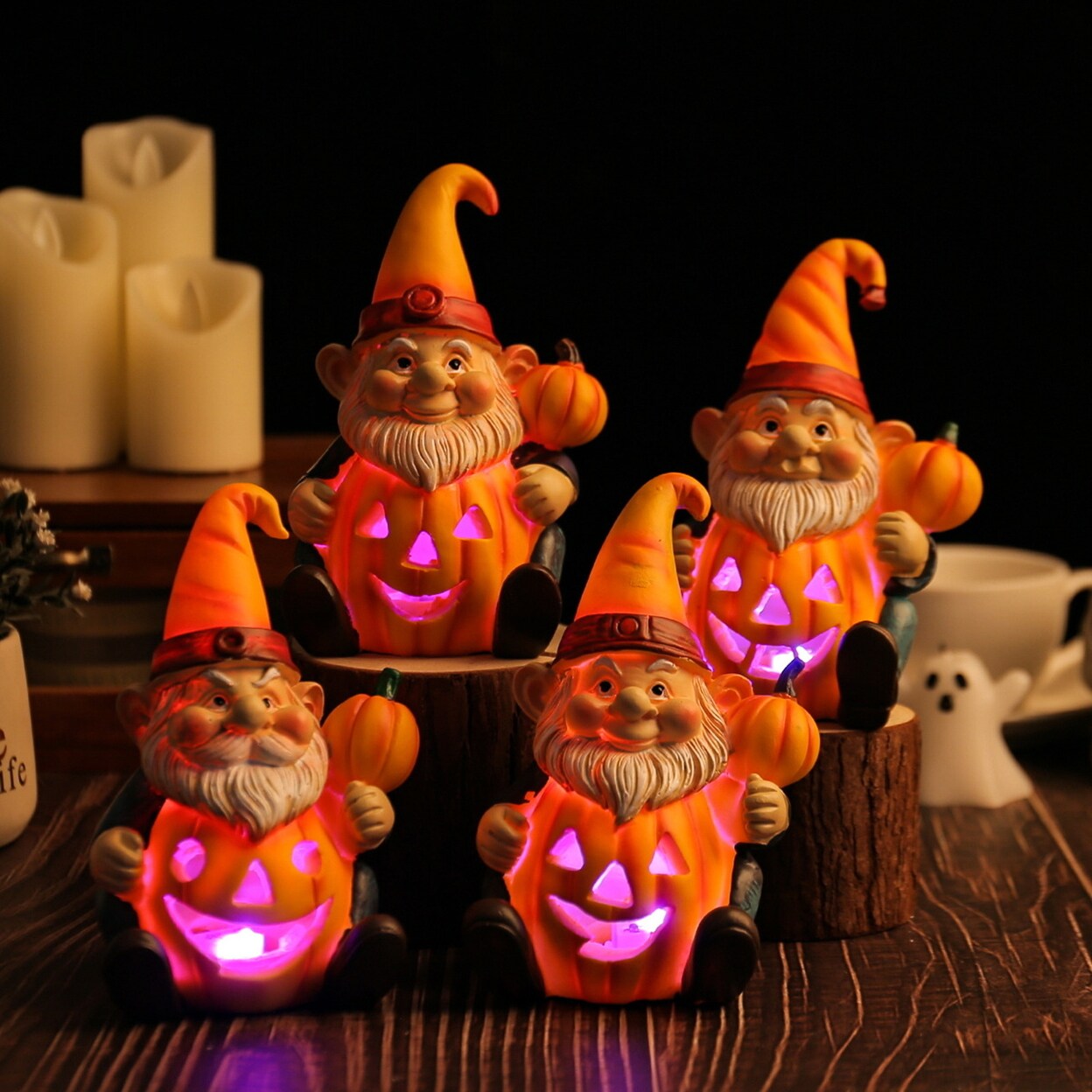 Halloween Pumpkin Lantern Resin Gnome Holding Pumpkin Statue Luminous Yard Dwarf Figurine For Home Courtyard Decor