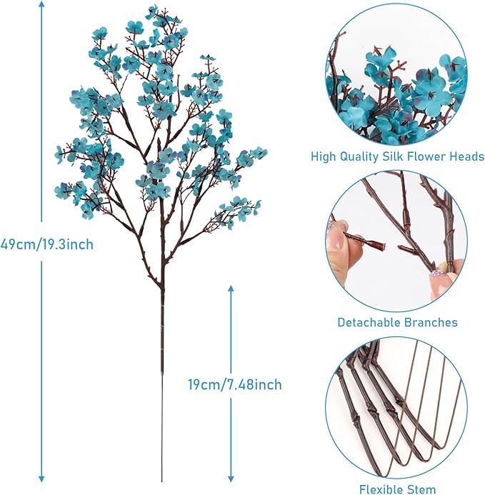 24 PCS Babys Breath Artificial Flowers Bulk, Real Touch Gypsophila Faux Silk Flowers for Vase Wedding DIY Home Table Centerpiece Indoor Outdoor Spring Decorations (Blue)