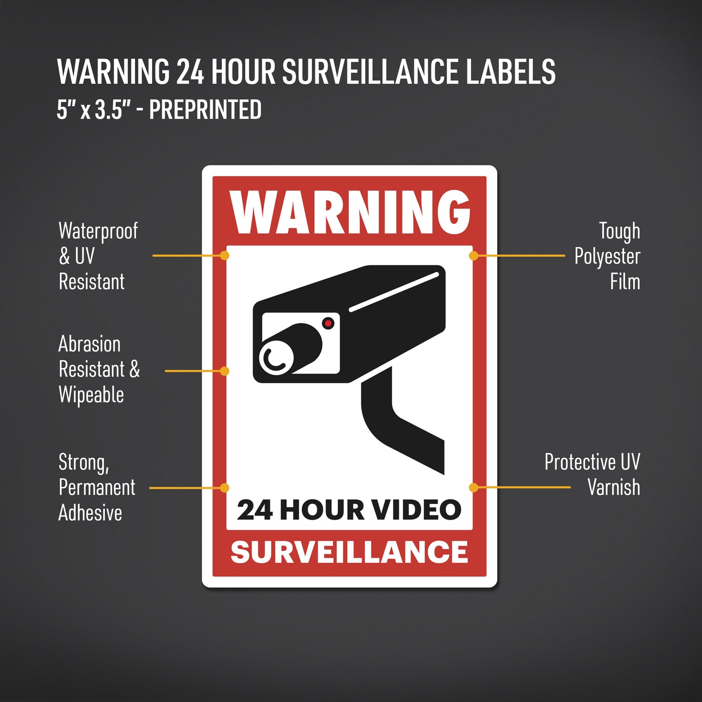Avery 24 Hour Video Surveillance Warning Labels, Waterproof, UV Resistant, Preprinted, 5" X 3.5", 8 Labels