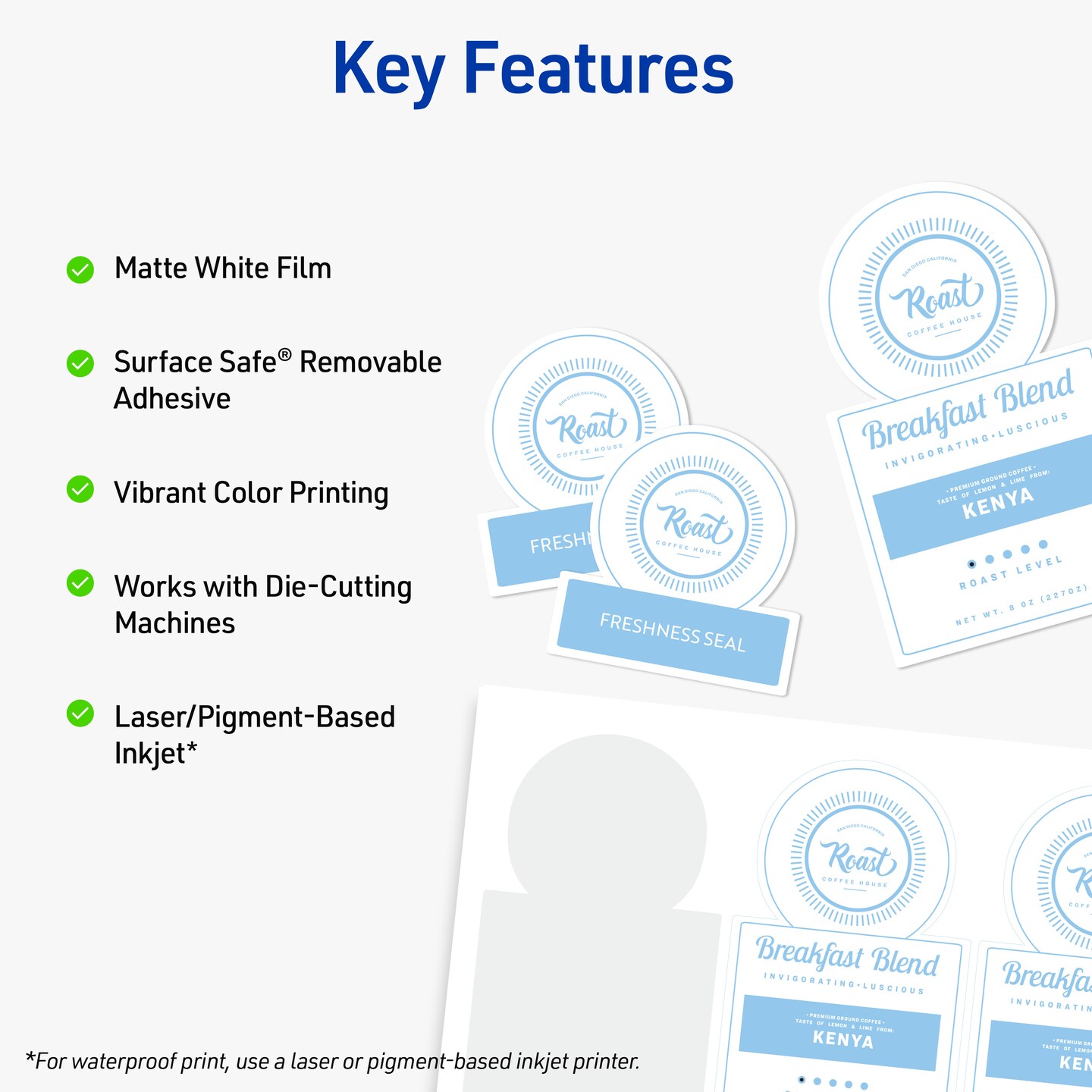 Avery Durable DIY Sticker Paper, 8.5" x 11", Removable Surface Safe Adhesive, Water-Resistant with Laser or Pigment-Inkjet Printers, 3 Full-Size Label Sheets (61512)