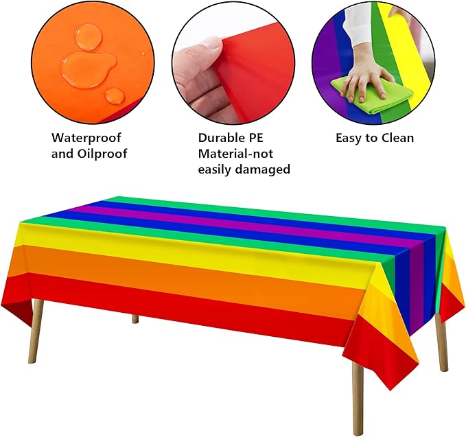 3 Packs Disposable Rainbow Tablecloth-108 x 54 inches Rectangular Pride Rainbow Table Cloth Decoration - Rainbow Theme Plastic Waterproof Tablecover for Birthday Parties, Gay Pride.