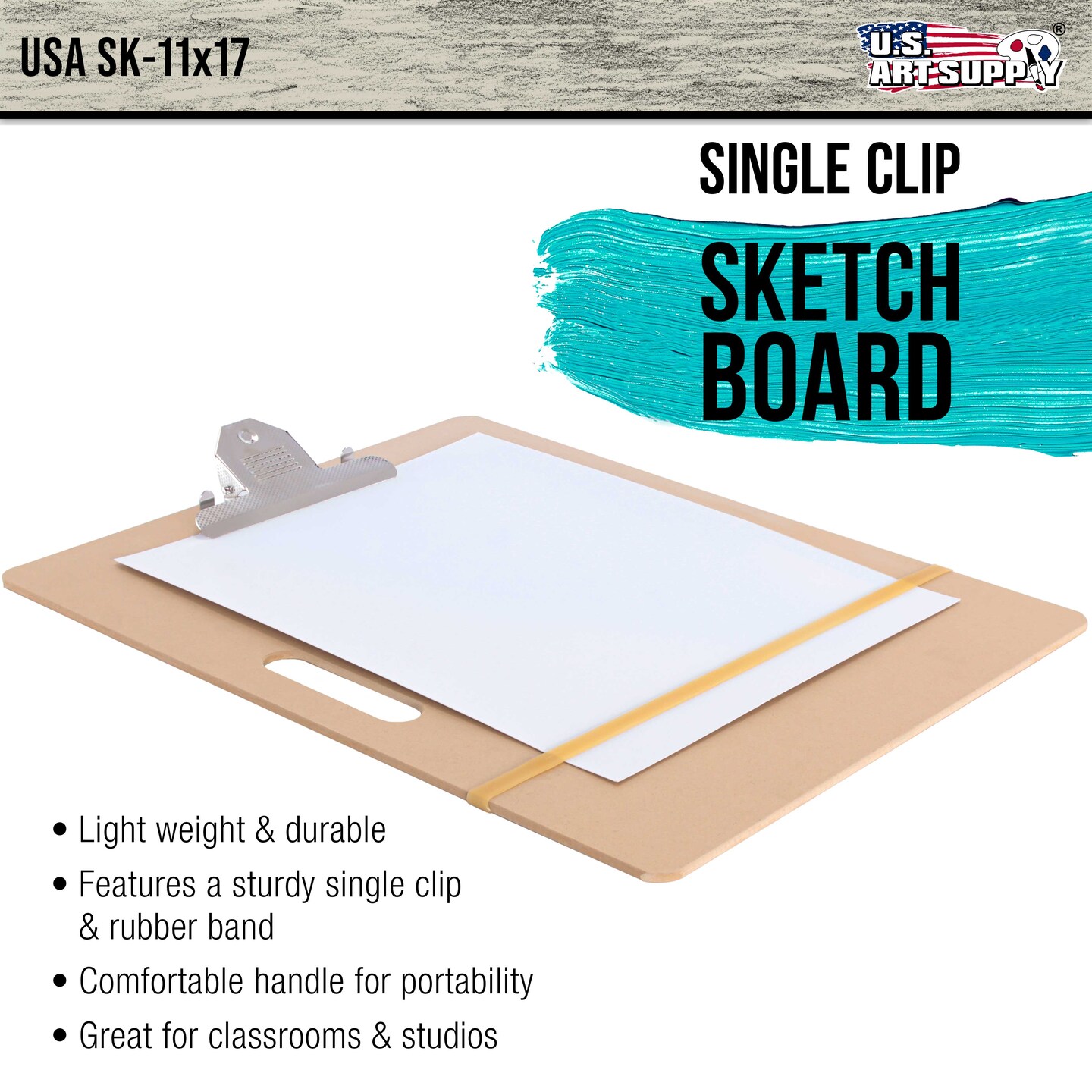 11" x 17" Artist Sketch Tote Board - Lightweight Hardboard Drawing Board with Handle, Clip & Rubber Band for Art, Sketching, Travel, Studio