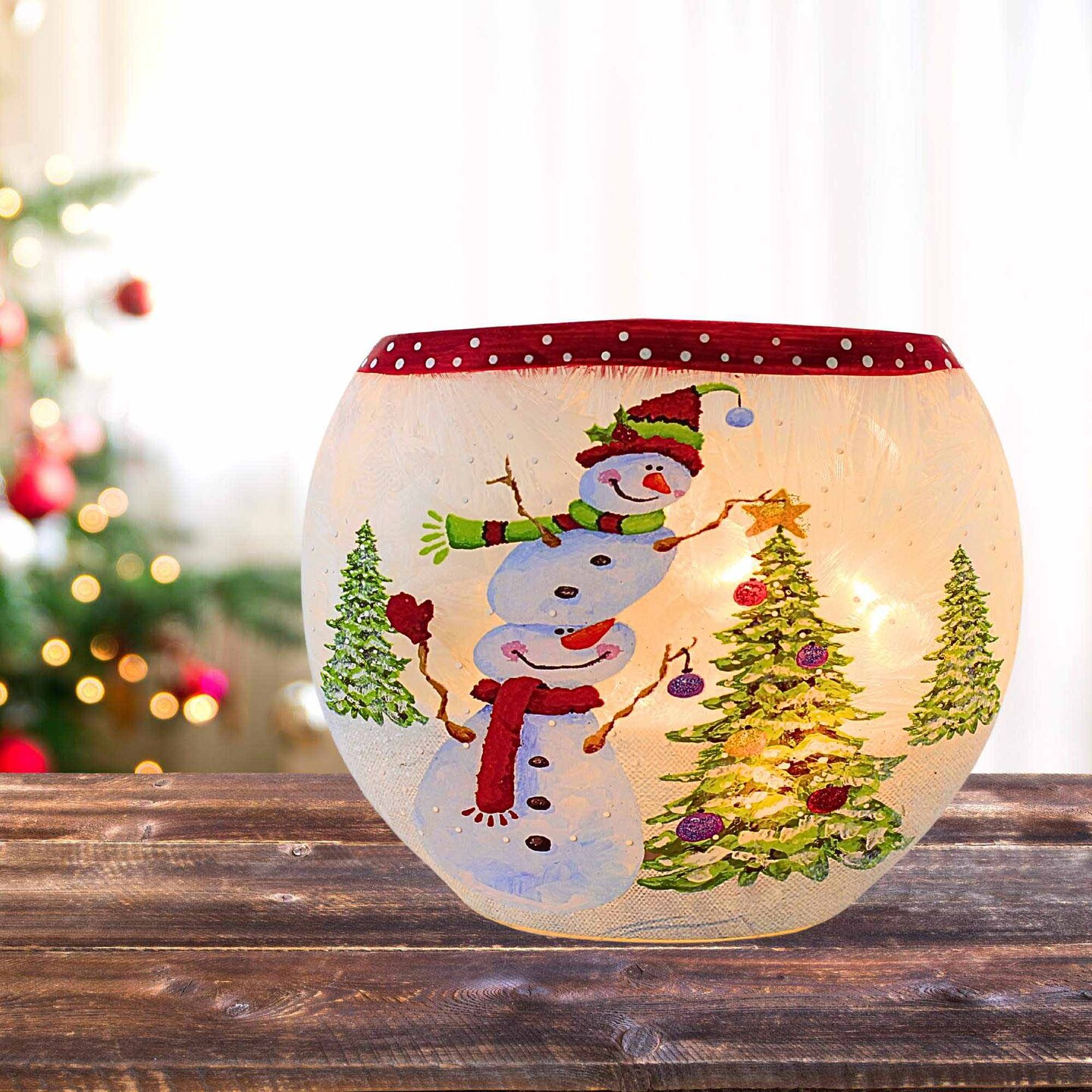 Stony Creek 6.25 In Festive Snowman Oval Vase Christmas Lighted Glass Accent , Electric Pre-Lit Christmas