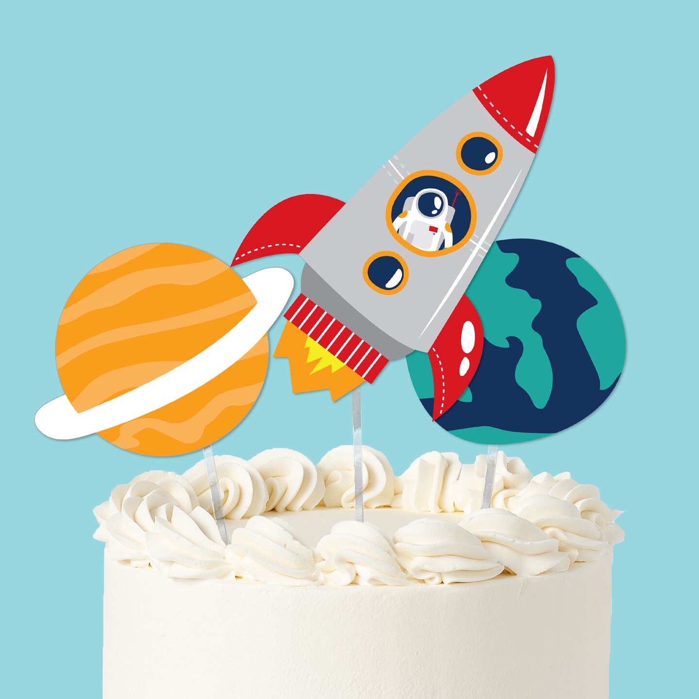 Big Dot of Happiness Blast Off to Outer Space Cake Topper Set, Rocket Ship Birthday Party Decorations with Planet and Space-Themed Designs – 3 Count
