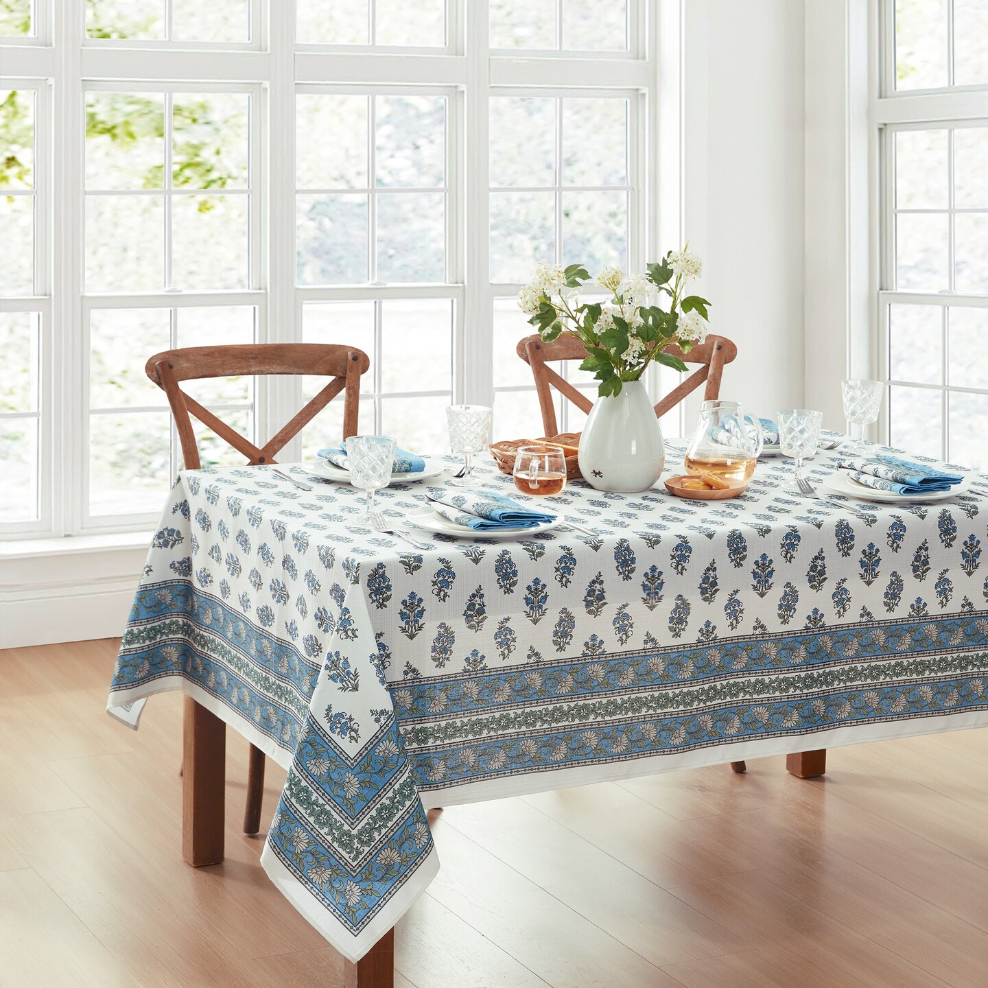 Threadmade Home Tropez Block Print Stain & Water Resistant Indoor/Outdoor Tablecloth, Multicolor - 60"W x 84"L