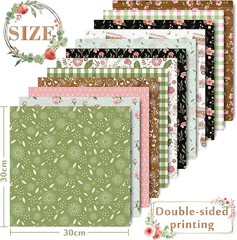 12 Designs Spring Pattern Paper 24 Sheet Plaid Floral Scrapbook Paper Pink Double-Sided Collection Decorative Craft Paper Folded Flat for Card Making Scrapbook Photo Album Decor, 30 x 30cm