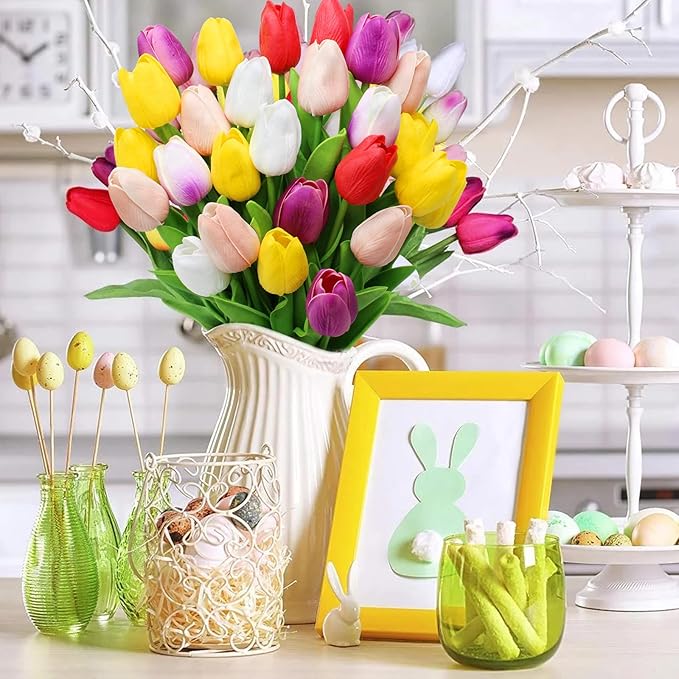 28pcs Multicolor Flowers Artificial Tulip Stems Real Feel PU Tulips for Easter Spring Wreath Wedding Bouquet Centerpiece Floral Arrangement Cemetery Table D&#xE9;cor 13&#x22; Tall