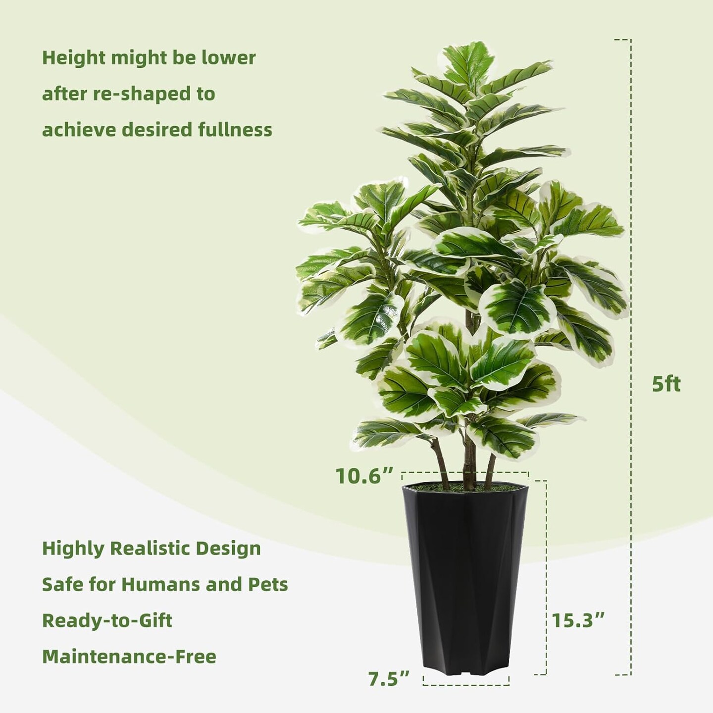 Artificial Fiddle Leaf Fig Plant Indoor 5FT Faux Rubber Tree with White Diamond Planter Tall Fake Floor Plant in Pot Artificial Trees for Home