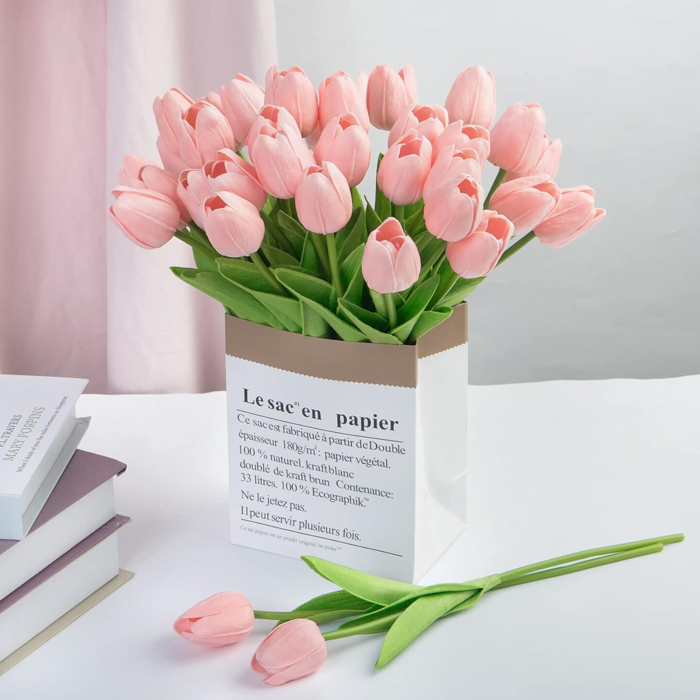 30 piece set of pink artificial tulip flowers made from real touch PU material, featuring lifelike faux stems designed for spring and summer bouquets, ideal for floral arrangements, table décor, parties, weddings, Easter, Mother’s Day gifts, and home