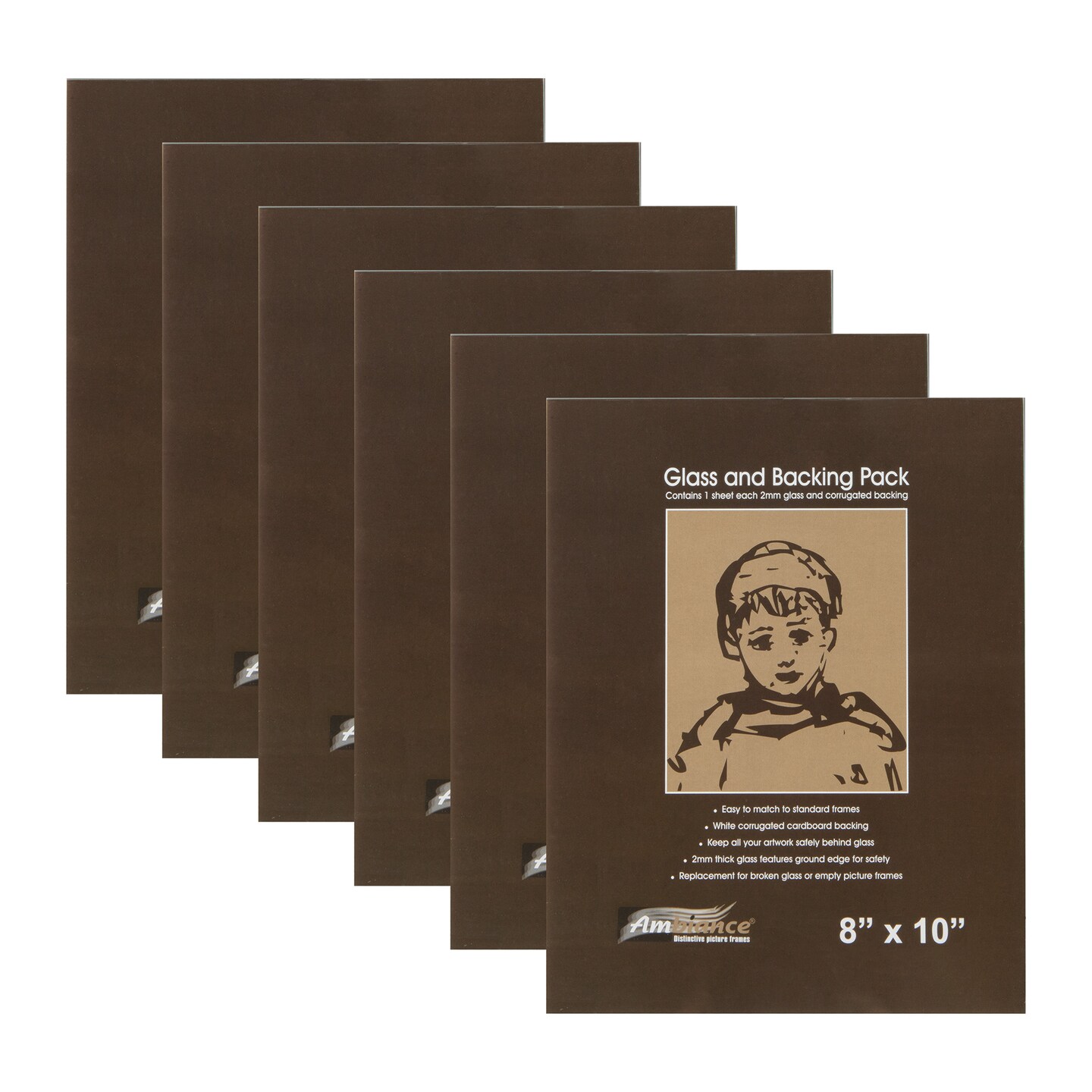Ambiance Picture Frame Glass and Backing 8x10&#x22; - 6 Pack &#x2013; 2mm Thick Glass Sheets with White Corrugated Cardboard Backing &#x2013; Replacement Glass for Open-Back Frames
