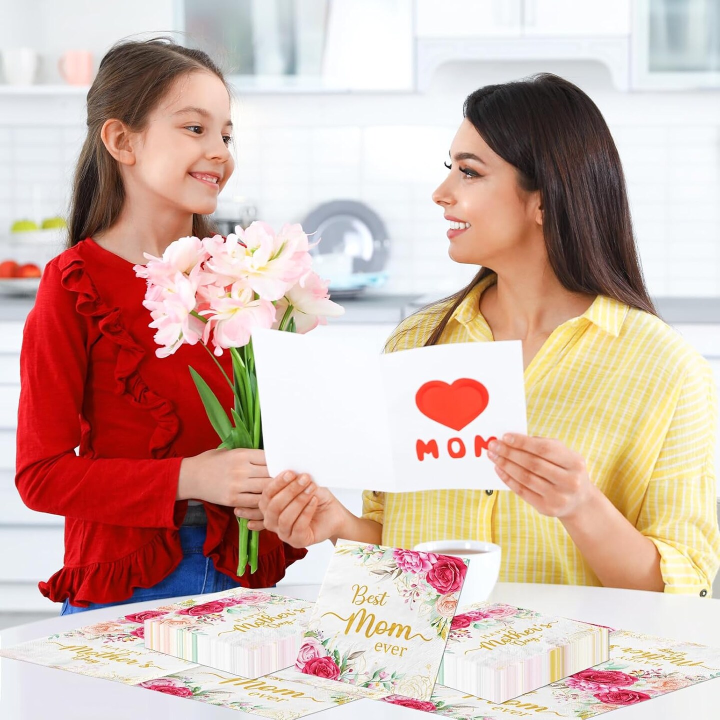 Mothers Day Pink Floral Paper Napkins for Best Mom Ever