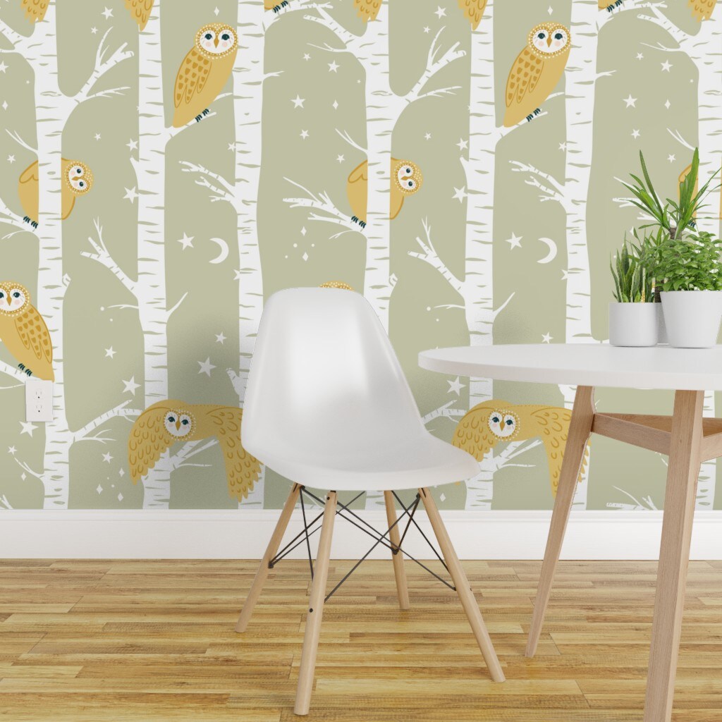 Peel &#x26; Stick Wallpaper 2FT Wide Woodland Trees Owls Moon Stars Nursery Baby Kids Nature Birch Sage Yellow Gender Neutral Forest Animals Creature Birds Crescent Custom Removable Wallpaper by Spoonflower