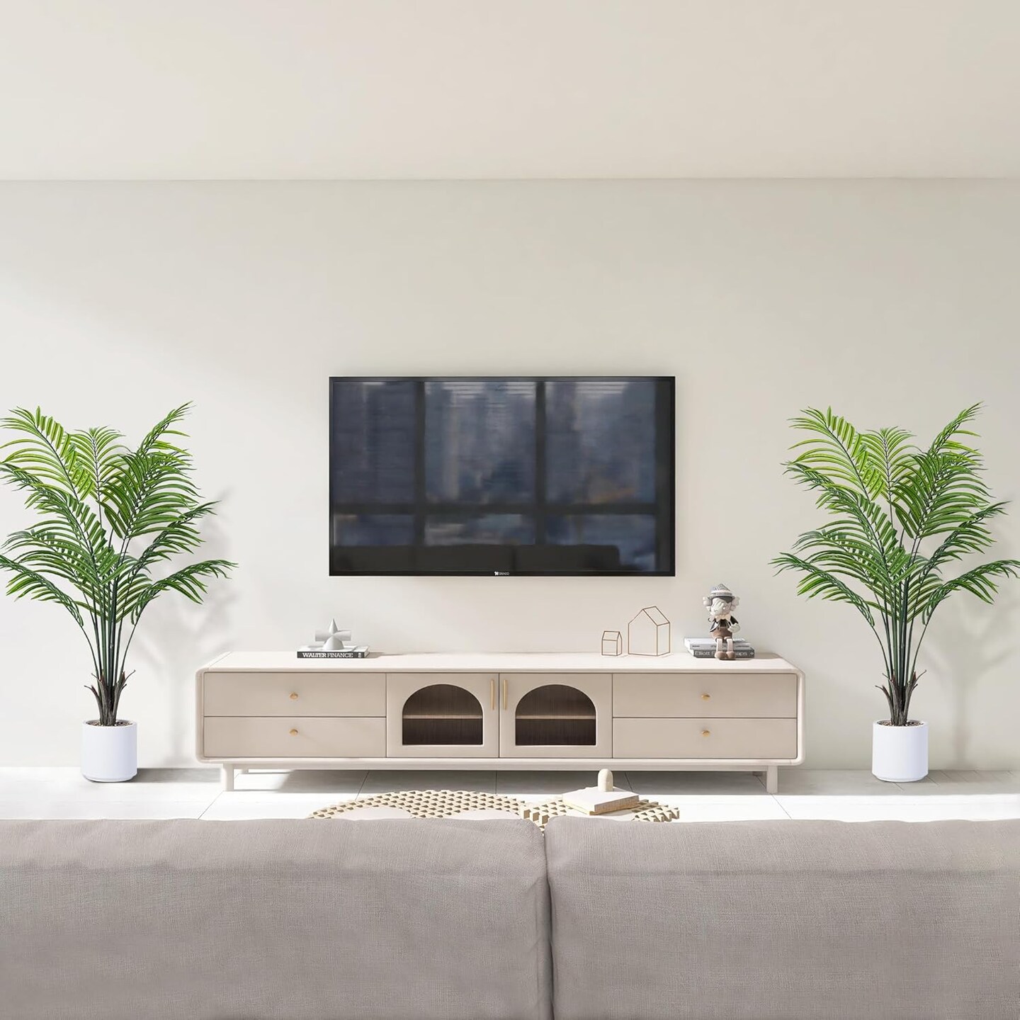 Artificial Areca Palm Tree 4FT Fake Potted Plant 2 Pack Faux Silk Tropical Areca Palm with 12 Trunks &#x26; Real Bark Design, Large Aritificial Plant in Pot for Home Living Room House Warmming Floor Decor