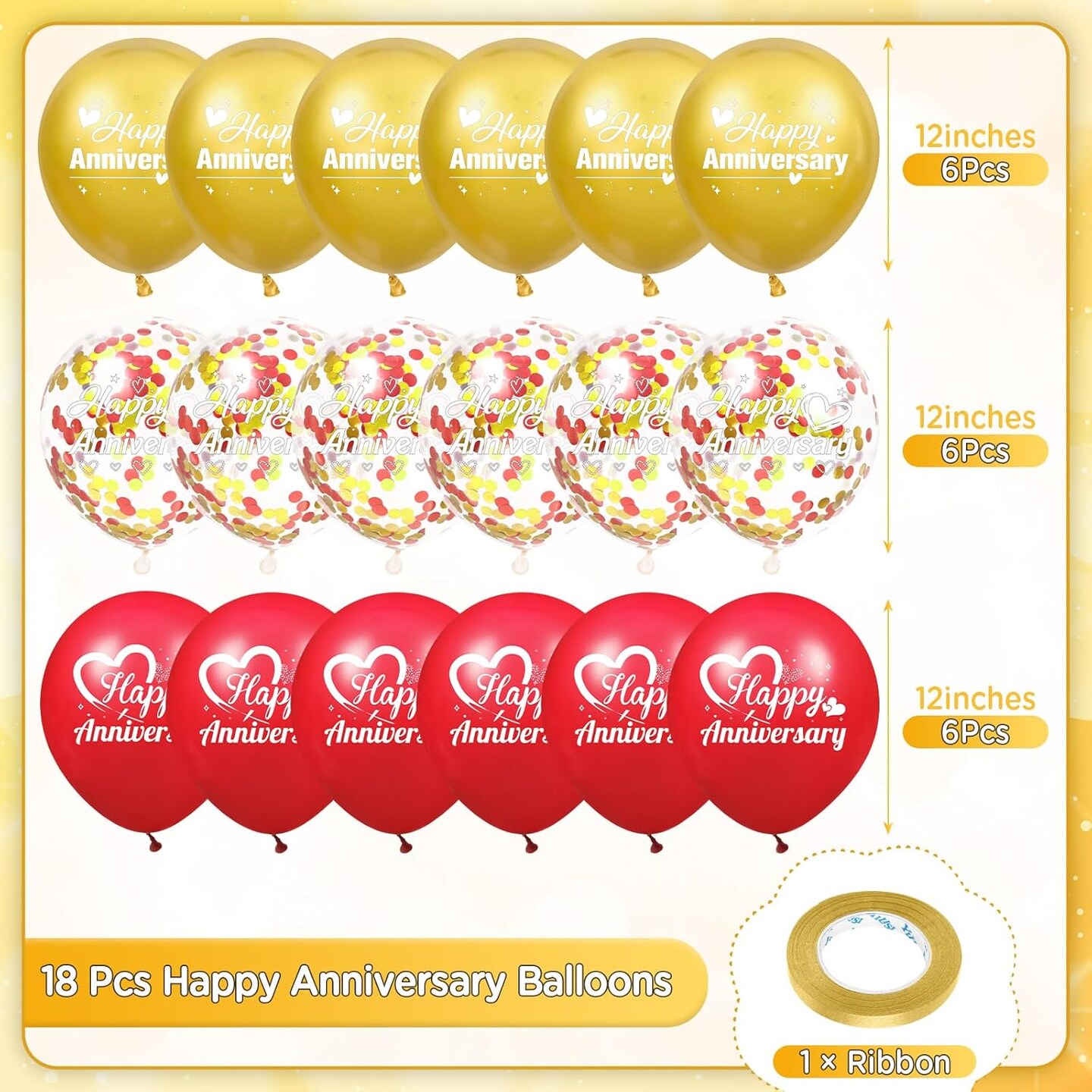 Happy Anniversary Balloons 18Pcs Red Gold Anniversary Party Decorations for Women Men Red Gold 12Inch Metallic Confetti Anniversary Balloons for Indoor Outdoor Party Supplies