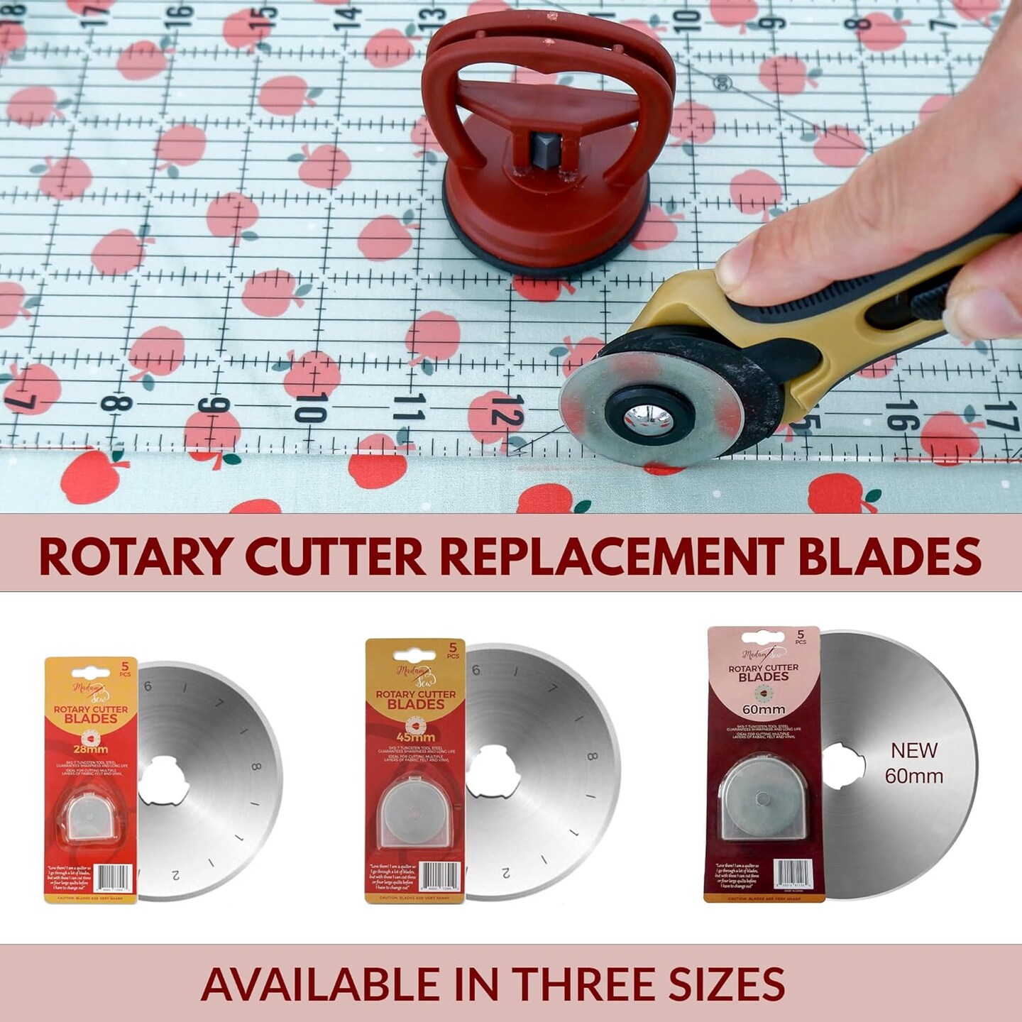 60mm Rotary Cutter Replacement Blades, 5 Tungsten Steel Blades | Cuts Thick Layers of Fabric, Felt, Leather and Vinyl &#x2013; Compatible with Fiskars, Olfa, Clover and Other Brands