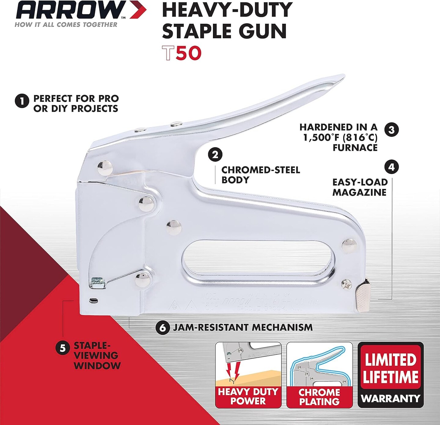 T50 Heavy Duty Staple Gun for Upholstery, Wood, Crafts, DIY and Professional Uses, Manual Stapler Uses 1/4&#x201D;, 5/16&#x201D;, 3/8&#x22;, 1/2&#x22;, or 9/16&#x201D; Staples