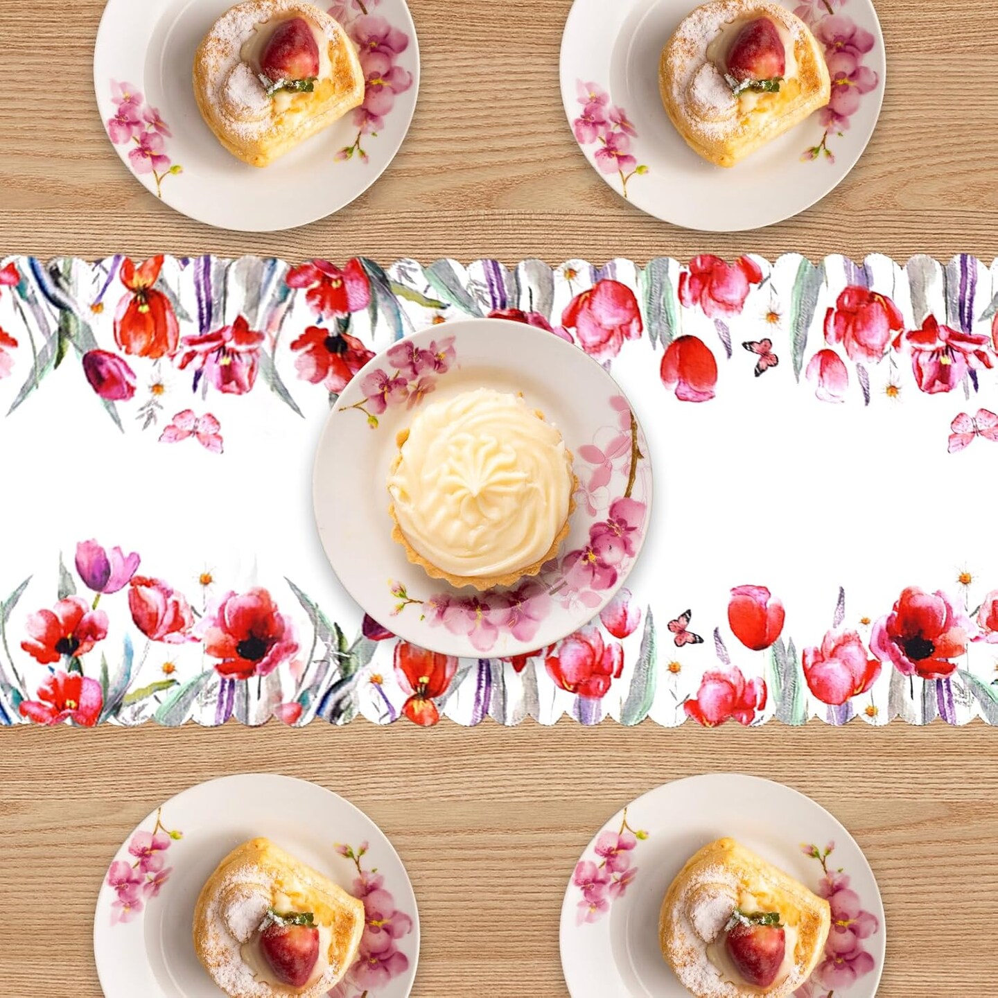 Spring Floral Table Runner with Red Tulip and Butterfly Design &#x2013; Elegant Spring and Summer Table D&#xE9;cor, Scalloped Edges for Dining and Coffee Table Centerpiece Decoration &#x2013; 72 Inches Long